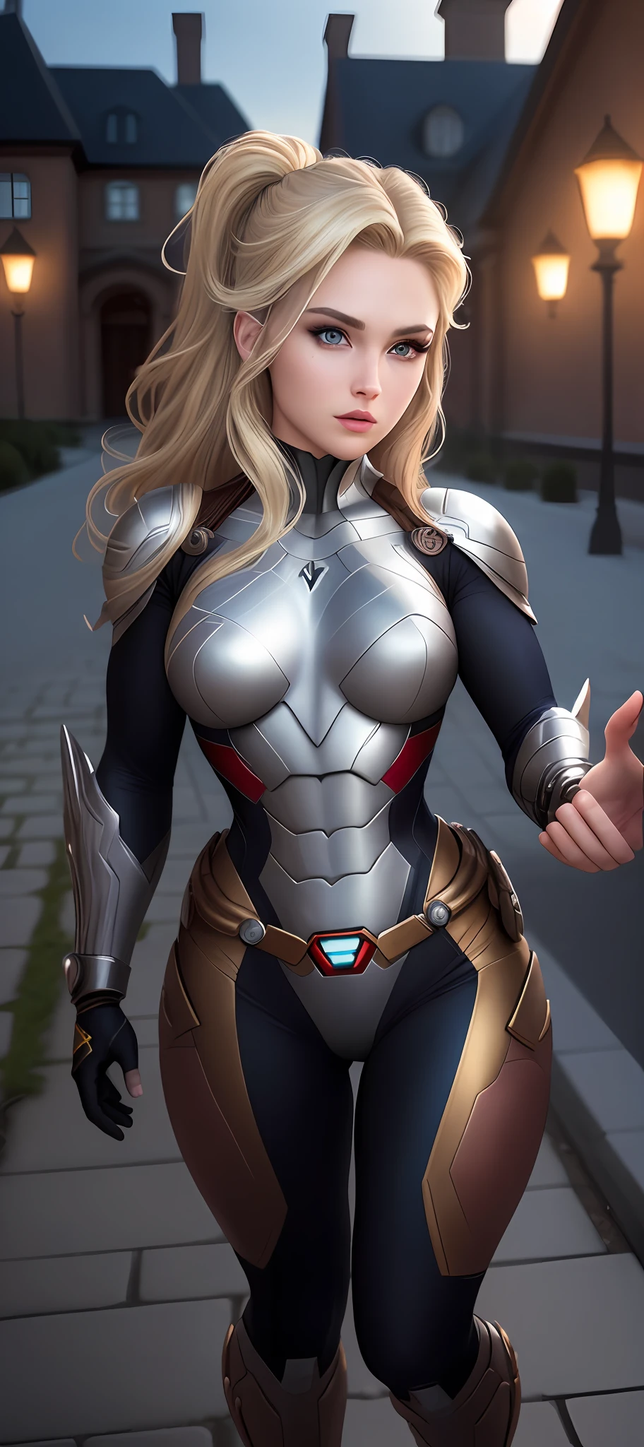 "Complete art masterpiece, high quality, ultra detailed in 4k, 8k, high resolution, hyper-realistic photo, hyper-detailed, realistic skin texture, amazing shadows, extremely detailed texture, perfect lighting, high-level image quality." A female superheroine, inspired by x-man, Fair skin, blond hair, outlined eyes, outlined face, bracelet, Full body, Nice super hero clothes, in the florest, outside a mansion