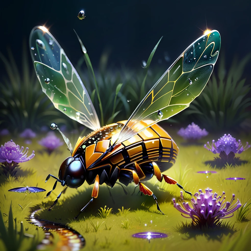 Flying anthill from an insect, around drops of water and grass, magic style