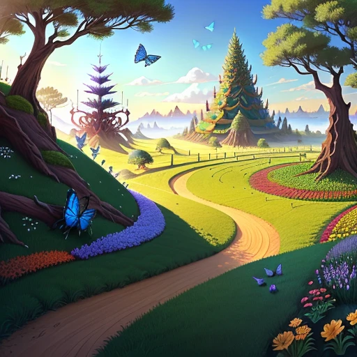 Dragon anthill, sprouted grass and butterflies around, magical style