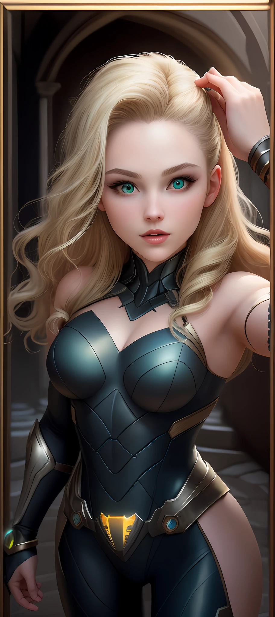 "Complete art masterpiece, high quality, ultra detailed in 4k, 8k, high resolution, hyper-realistic photo, hyper-detailed, realistic skin texture, amazing shadows, extremely detailed texture, perfect lighting, high-level image quality." A female superheroine, inspired by x-man, Fair skin, blond hair, eyes outlined, face outlined, bracelet, Full body, Nice super hero clothes, in the florest, opening a portal, Green glowing eyes, outside a mansion