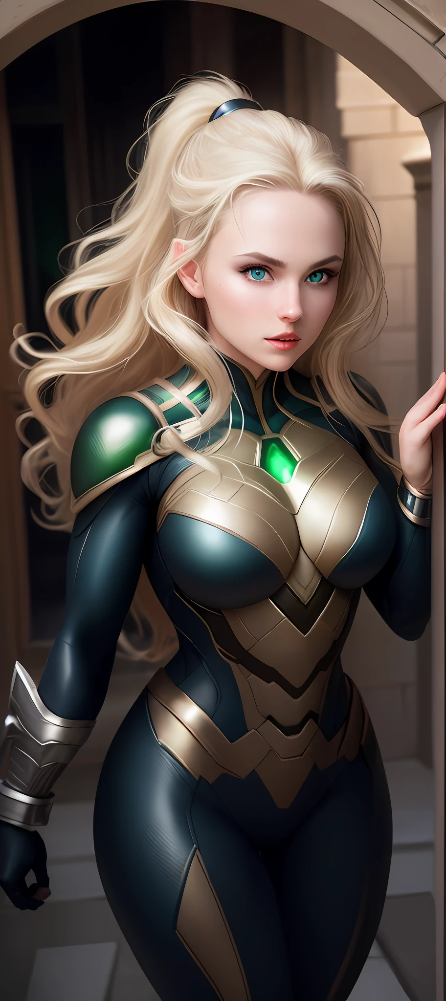 "Complete art masterpiece, high quality, ultra detailed in 4k, 8k, high resolution, hyper-realistic photo, hyper-detailed, realistic skin texture, amazing shadows, extremely detailed texture, perfect lighting, high-level image quality." A female superheroine, inspired by x-man, Fair skin, blond hair, eyes outlined, face outlined, bracelet, Full body, Nice super hero clothes, in the florest, opening a portal, Green glowing eyes, outside a mansion