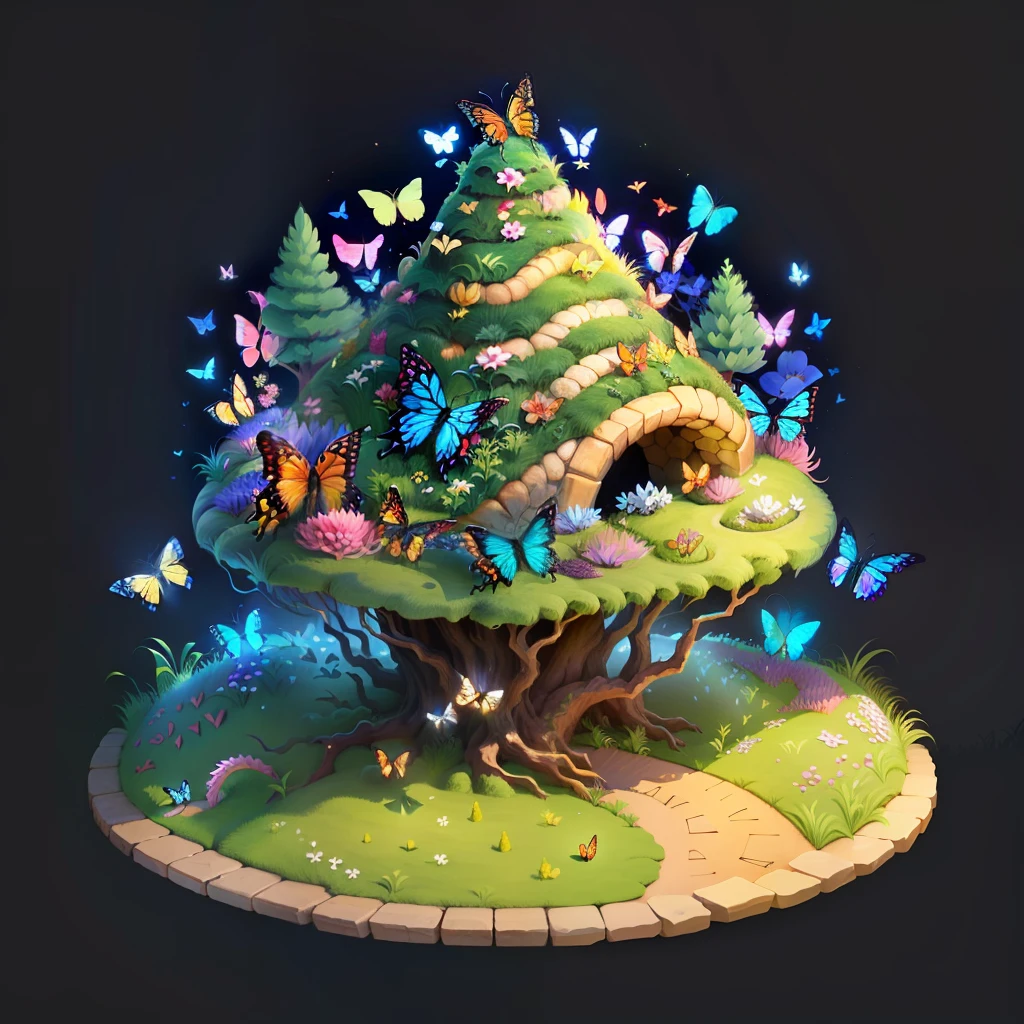 Dragon anthill, sprouted grass and butterflies around, magical style