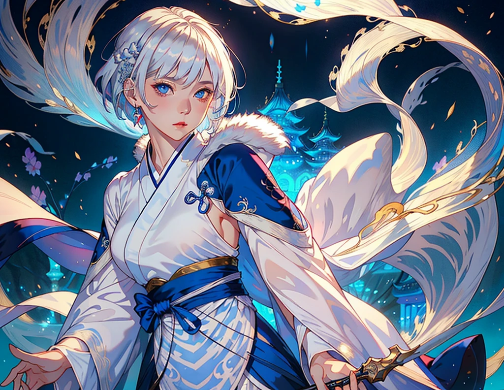 girl, blue ruqun, best quality, head, original outfit, hanfu, clear details, masterpiece, best quality, clear details, 1girl, palace background, blue eyes, platinum blonde hair, short hair, big eyes, white kimono, cloak with fur without emotional facial expression