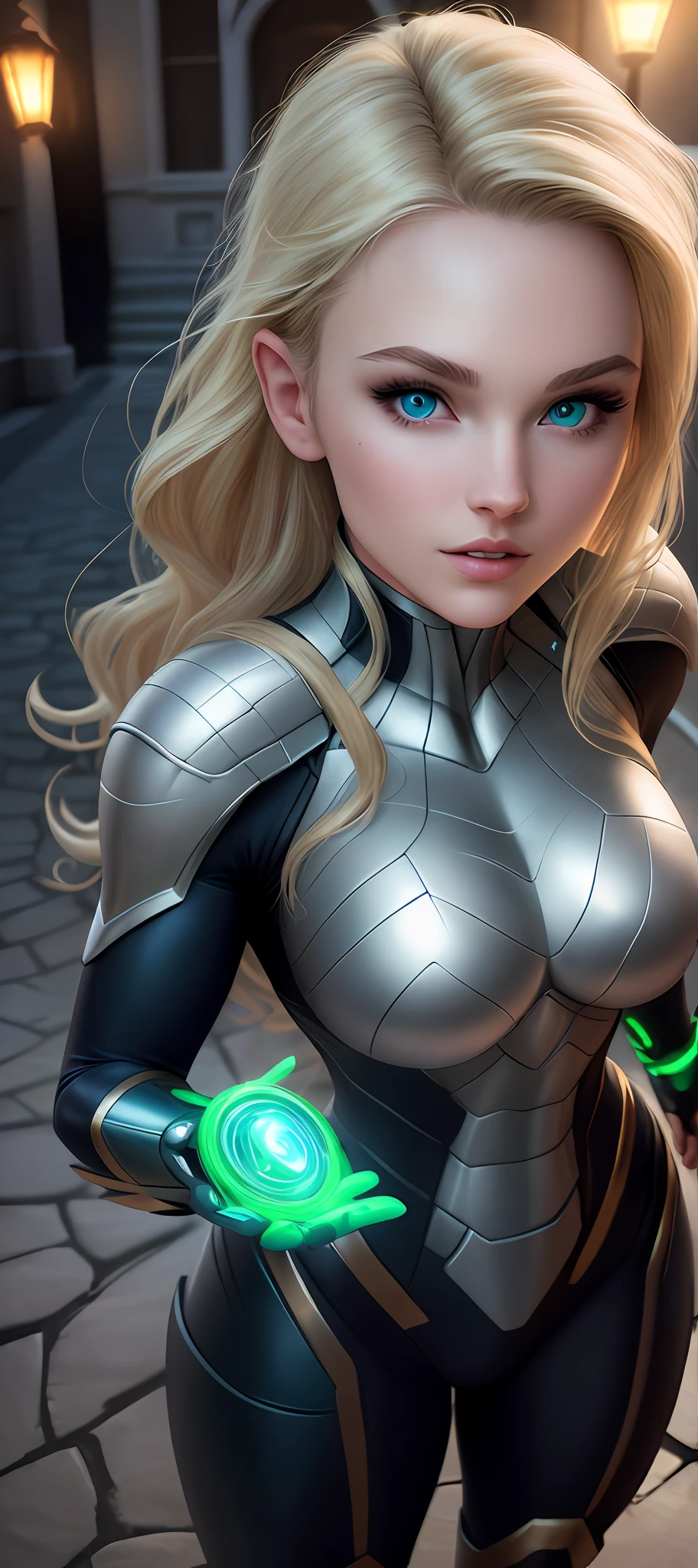 "Complete art masterpiece, high quality, ultra detailed in 4k, 8k, high resolution, hyper-realistic photo, hyper-detailed, realistic skin texture, amazing shadows, extremely detailed texture, perfect lighting, high-level image quality." A female superheroine, inspired by x-man, Fair skin, blond hair, outlined eyes, outlined face, bracelet, Full body, Nice super hero clothes, in the florest, Magic Green light in hands, Green glowing eyes, outside a mansion