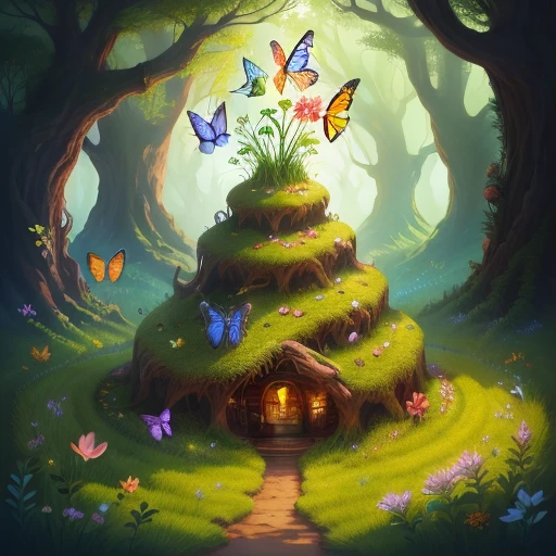 Dragon anthill, sprouted grass and butterflies around, magical style