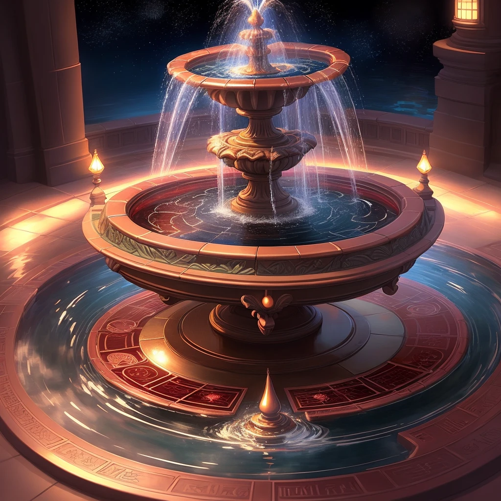 masterpiece, beautiful, (anime style:1.2), (yugioh art style:0.7), fountain, detailed, red ring, stars in a circle