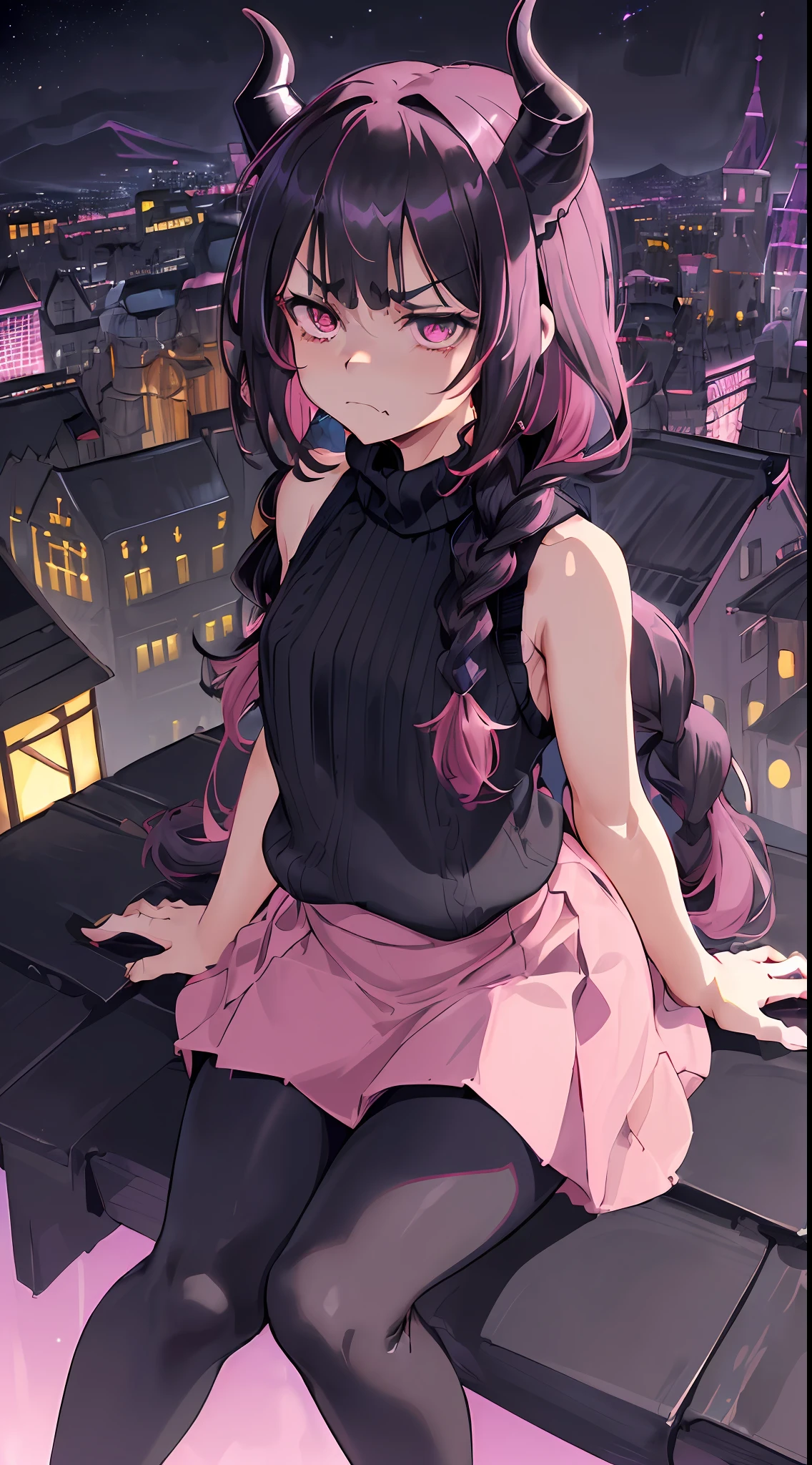 ((highest quality, masterpiece, 4k, finely detailed, gelbooru, pixiv)), finely detailed eyes and detailed face, warm lighting, ((solo)), (1girl, young adult, young woman), ((black hair, long hair, shaggy bangs, one braid)), ((demon horns)), ((deep purple eyes, sharp eyes)), ((annoyed expression, scowling)), small chest, starry sky, detailed city background, ((very long pink skirt, black leggings that reach up to hips with ripped holes)), ((cute fluffy, very puffy and tucked in sleeveless black sweater)), ((sitting on top of church roof, city at night in the background)), very modern futuristic setting