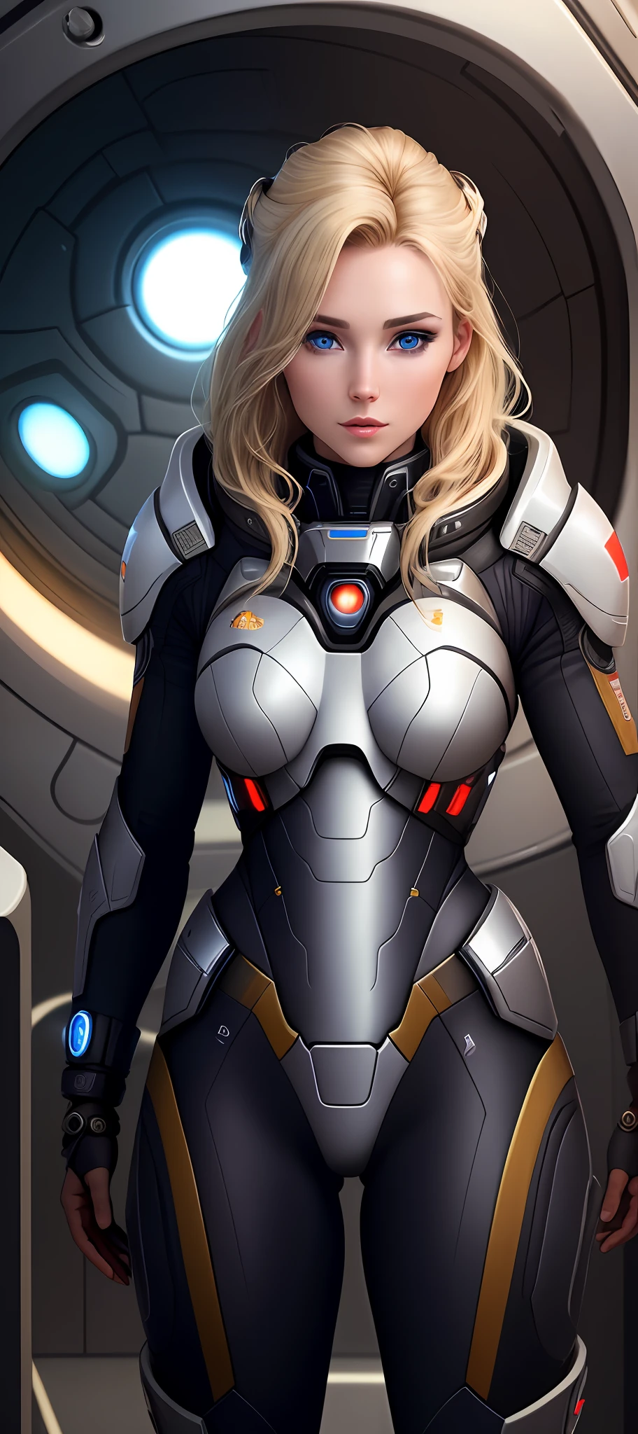 "Complete art masterpiece, high quality, ultra detailed in 4k, 8k, high resolution, hyper-realistic photo, hyper-detailed, realistic skin texture, amazing shadows, extremely detailed texture, perfect lighting, high-level image quality." A female captain of a spaceship, inspired by mass effect (Fair skin, blond hair, outlined eyes, outlined face, bracelet, Full body), Nice shiny armor, inside a spaceship bridge