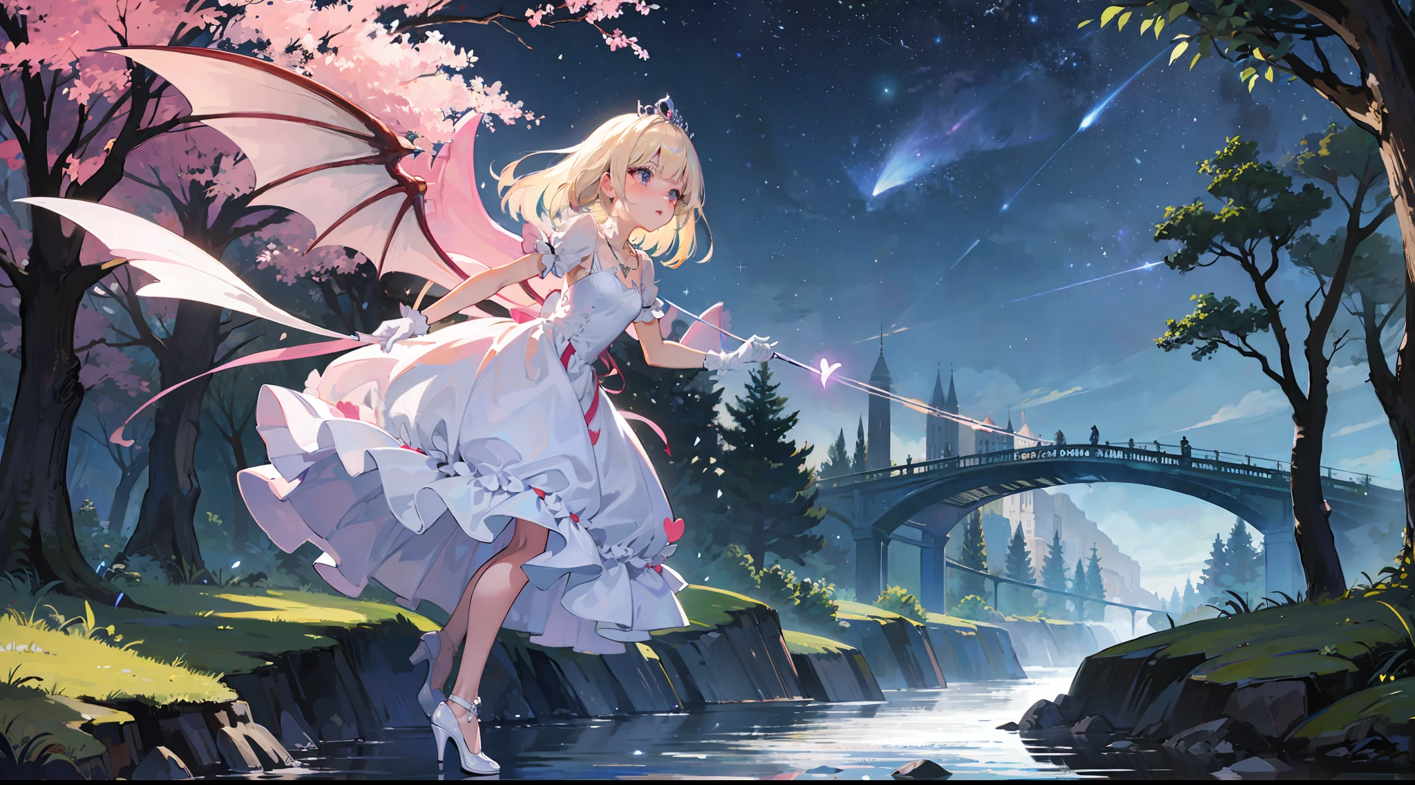 (masterpiece, best quality:1.2), 1girl, solo, cute, kawaii, digital art, magic circle, platinum blonde hair, finely detailed eyes, embarrassed expression, sweat, frilly dress, pink color scheme, high heels, white gloves, heart-shaped necklace, tiara, wielding a wand, dragon, forest, fire breath, wings, scales, sharp claws, spiky tail, trees, moss, moonlight filtering through leaves, fallen leaves, bushes, rocks, river, bridge, night clouds, starry sky, windy, leaves rustling
