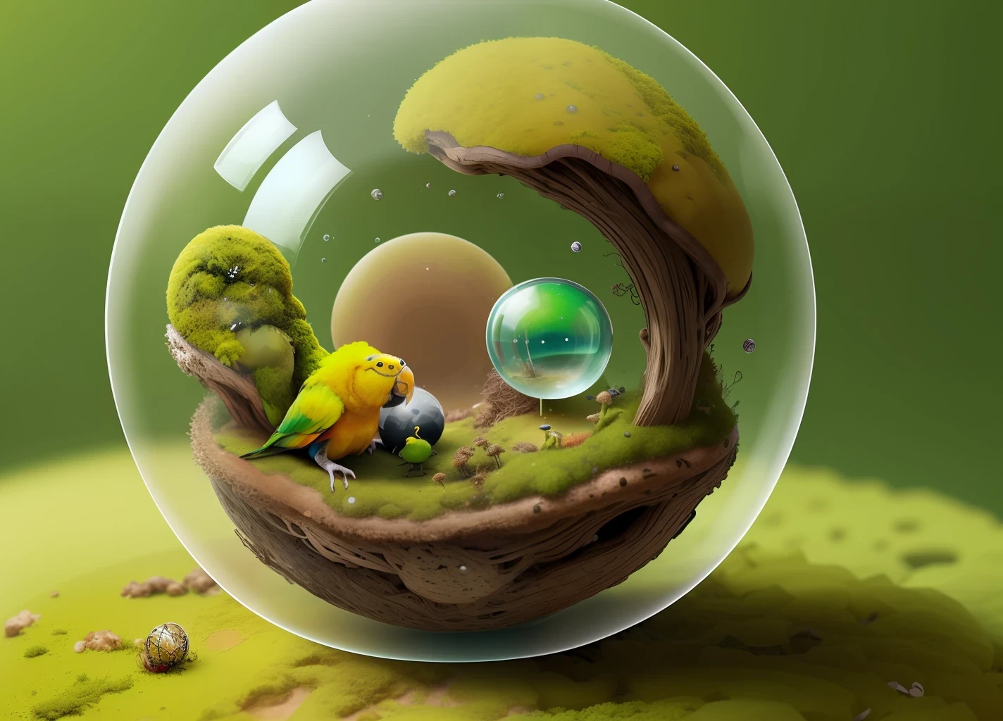 An anthill made of a transparent sphere, inside a yellow green parrot in a cute style sits on a branch. Underneath it is moss and water.