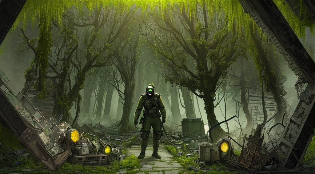 (Ultra detailed), (masterpiece), (best quality), (very detailed CG unit 8k wallpaper), (extremely wide shot), (gas mask man), hazmat suit, (polluted abandoned scifi city), ((green sky)), following the road, ruins, moss, roots, plants, (floating leaf petals:1.2), male, male anatomy, conceptual art, dramatic, cinematic, highly detailed, stylized wallpaper