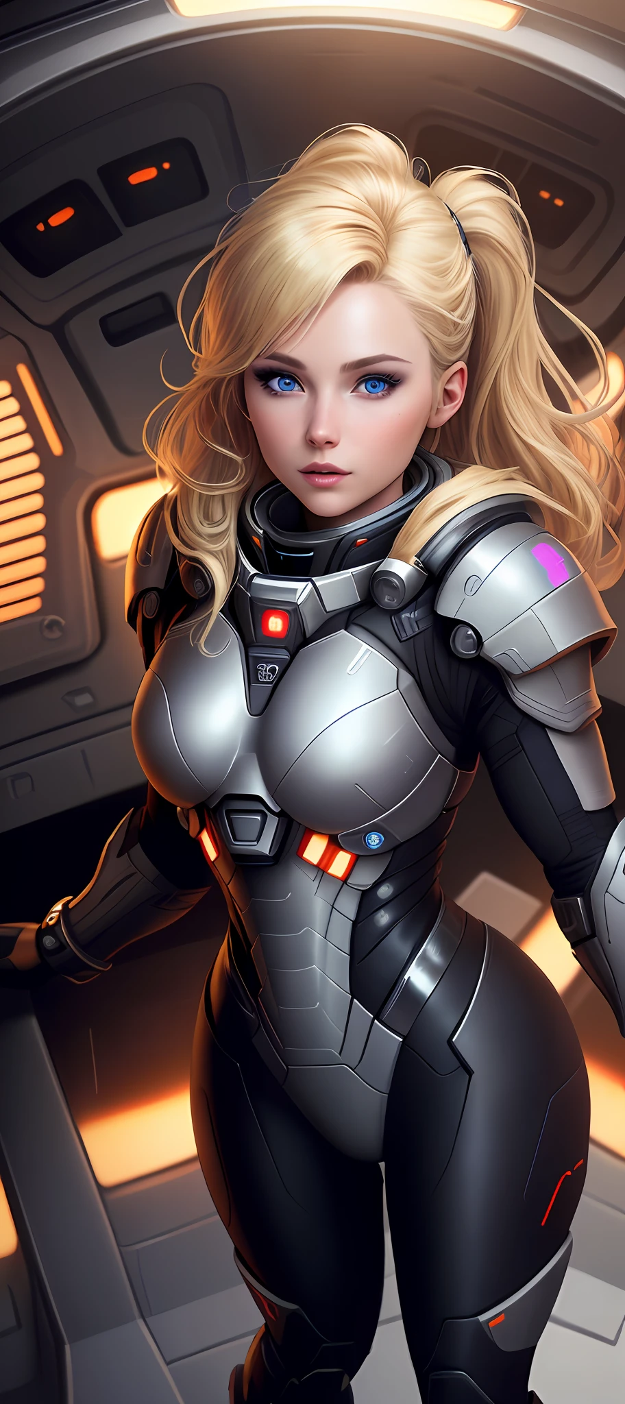 "Complete art masterpiece, high quality, ultra detailed in 4k, 8k, high resolution, hyper-realistic photo, hyper-detailed, realistic skin texture, amazing shadows, extremely detailed texture, perfect lighting, high-level image quality." A female captain of a spaceship, inspired by mass effect (Fair skin, blond hair, outlined eyes, outlined face, bracelet, Full body), Nice shiny armor, inside a spaceship bridge