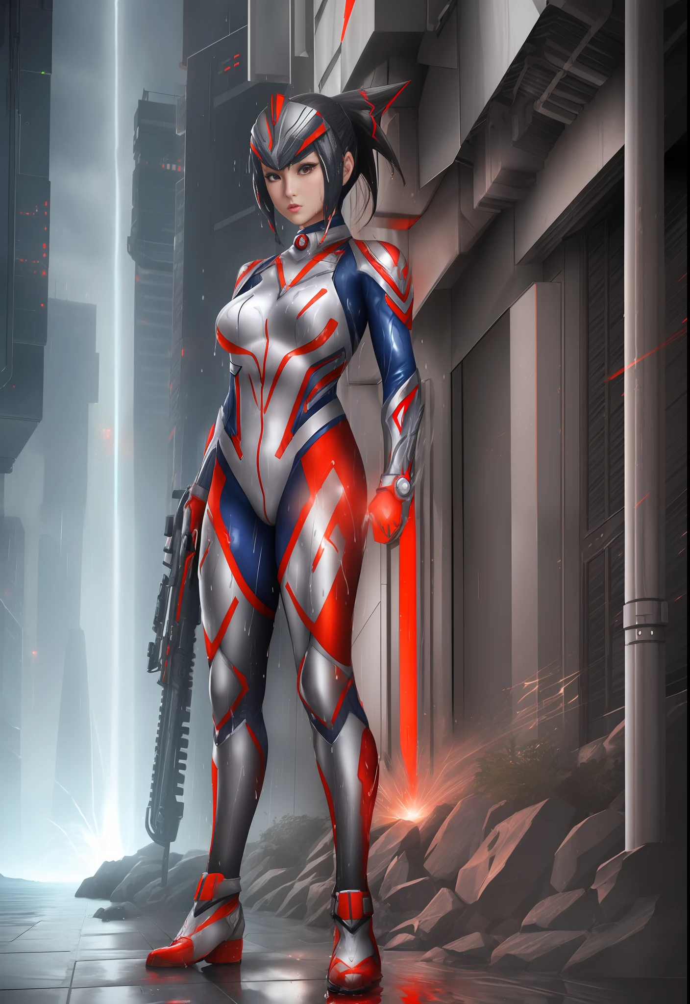 ((1girl/Ultraman,all wet/helm)), Unreal Engine 5/Mortal Kombat, anime style, Max resolution/quality/sharpness/detail spectator,big1breasts,mohawk hair,looking/facing/exhibitionist/holding futuristic gun/expression of hate, in a futuristic city raining/thundering.