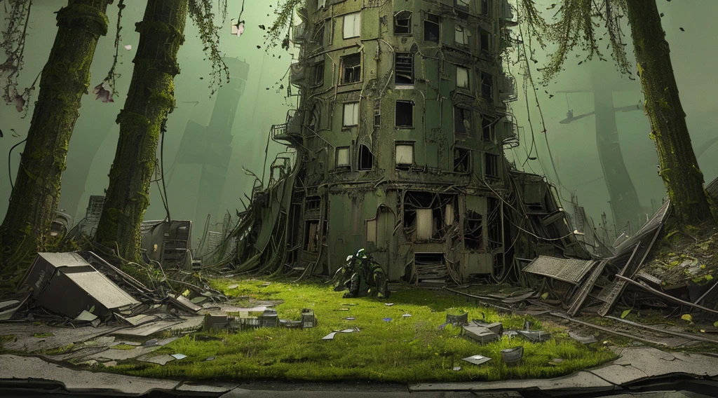 (Ultra detailed), (masterpiece), (best quality), (very detailed CG unit 8k wallpaper), (extremely wide shot), (gas mask man), hazmat suit, (polluted abandoned scifi city), ((green sky)), following the road, ruins, moss, roots, plants, (floating leaf petals:1.2), male, male anatomy, conceptual art, dramatic, cinematic, highly detailed, stylized wallpaper