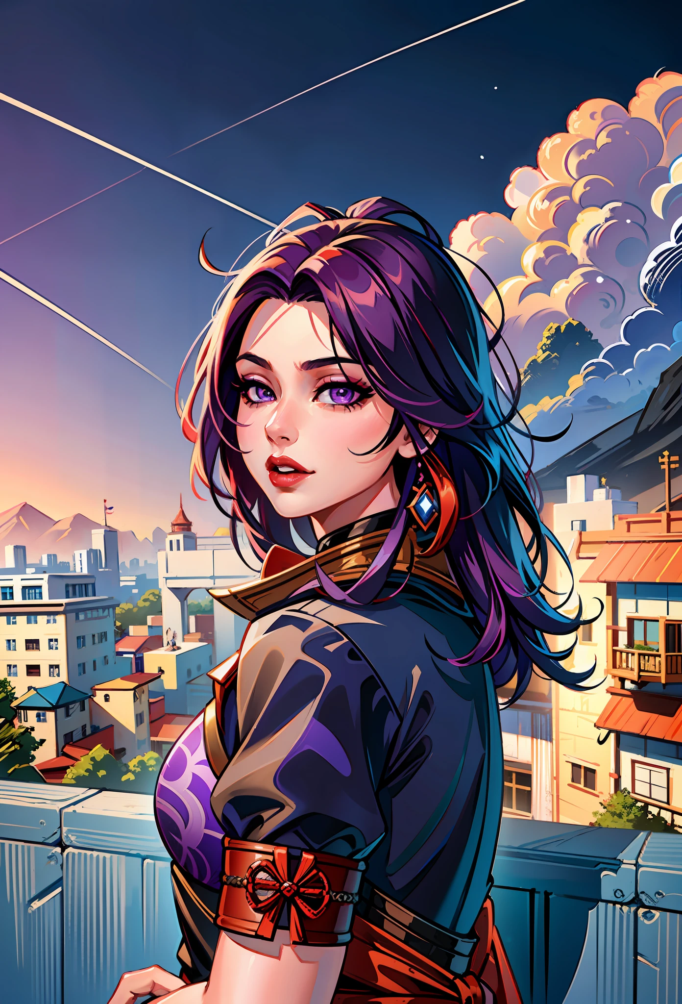 (masterpiece),(best quality:1.0), (ultra highres:1.0), detailed illustration, 8k, anime, 1girl, beautiful anime girl, pretty face, detailed face, dark purple eyes, detailed eyes, red lips, red lipstick, purple hair, highlights in hair, Raiden Shogun: 1.2(genshin impact), detailed, anime style, best quality