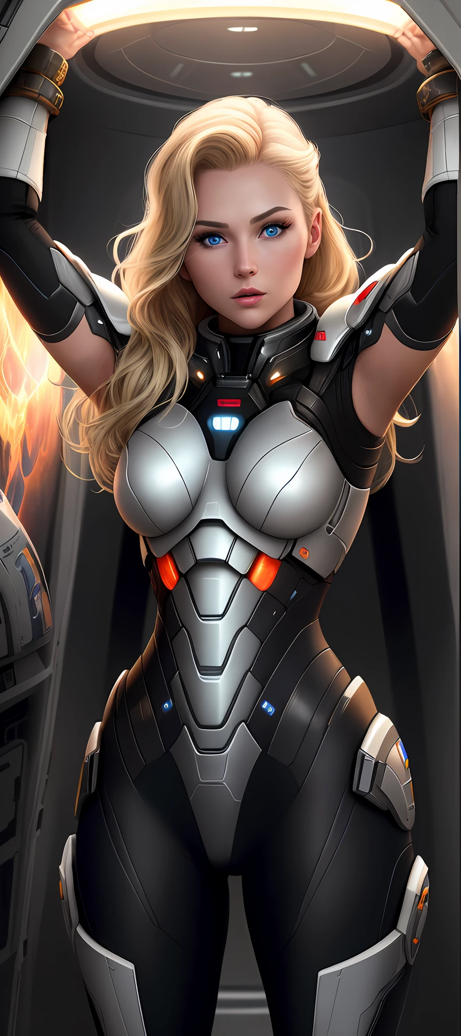 "Complete art masterpiece, high quality, ultra detailed in 4k, 8k, high resolution, hyper-realistic photo, hyper-detailed, realistic skin texture, amazing shadows, extremely detailed texture, perfect lighting, high-level image quality." A female captain of a spaceship, inspired by mass effect (Fair skin, blond hair, outlined eyes, outlined face, bracelet, Full body), Nice shiny armor, inside a spaceship bridge, angry, raised arms giving orders to crew, armpit and belly showing