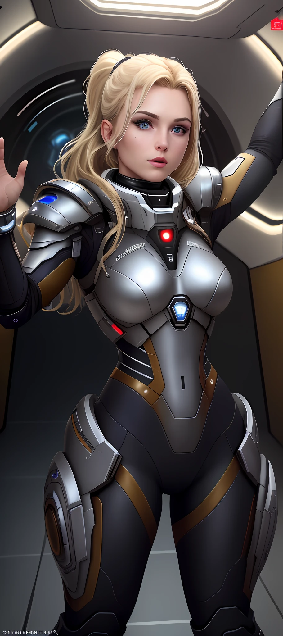 "Complete art masterpiece, high quality, ultra detailed in 4k, 8k, high resolution, hyper-realistic photo, hyper-detailed, realistic skin texture, amazing shadows, extremely detailed texture, perfect lighting, high-level image quality." A female captain of a spaceship, inspired by mass effect (Fair skin, blond hair, outlined eyes, outlined face, bracelet, Full body), Nice shiny armor, inside a spaceship bridge, angry, raised arms giving orders to crew, armpit and belly showing