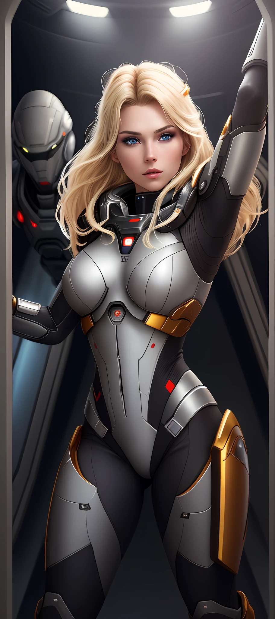 "Complete art masterpiece, high quality, ultra detailed in 4k, 8k, high resolution, hyper-realistic photo, hyper-detailed, realistic skin texture, amazing shadows, extremely detailed texture, perfect lighting, high-level image quality." A female captain of a spaceship, inspired by mass effect (Fair skin, blond hair, outlined eyes, outlined face, bracelet, Full body), Nice shiny armor, inside a spaceship bridge, angry, raised arms giving orders to crew, armpit and belly showing