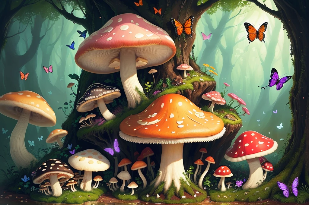 world of mushrooms with various butterflies