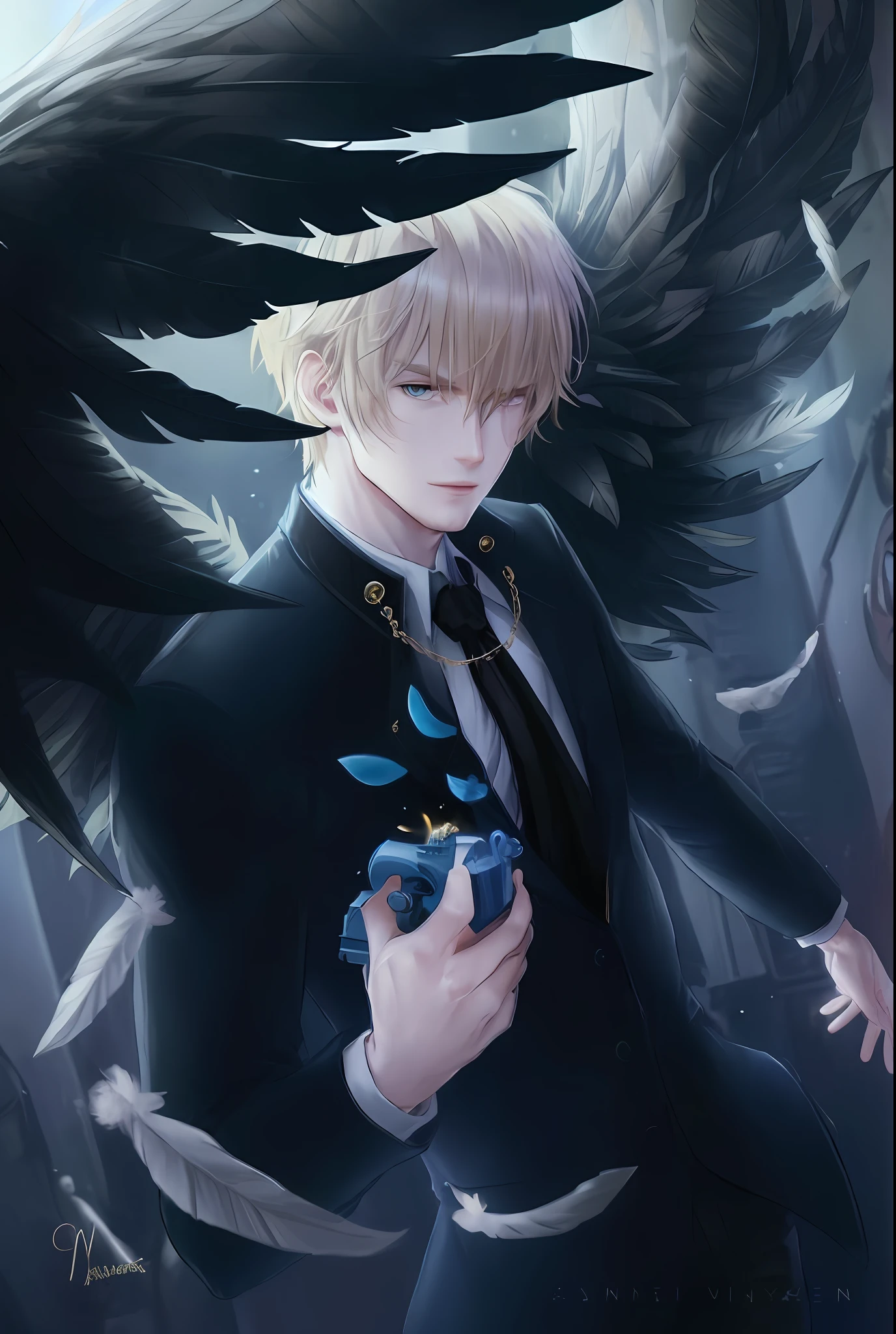 Blonde man with golden revolver