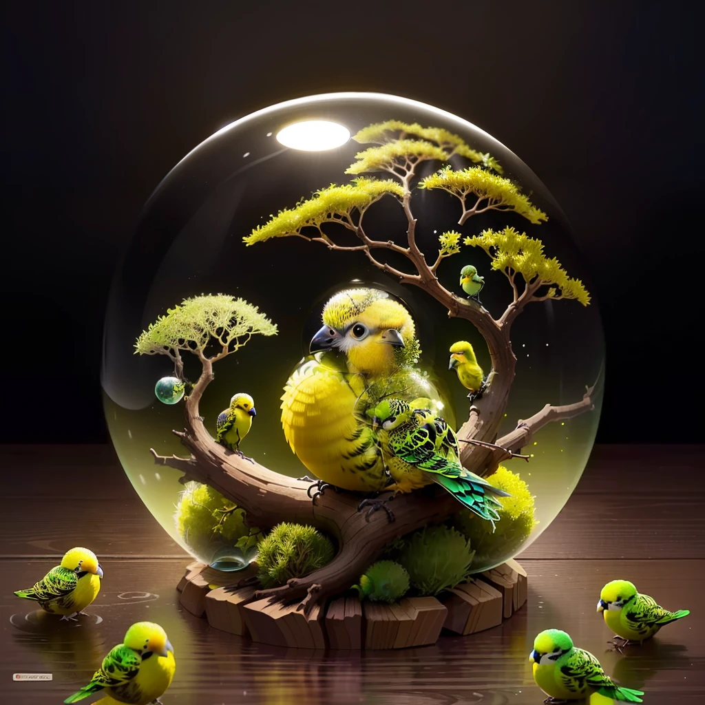 An anthill made of a transparent sphere, inside a yellow-green budgerigar sitting on a branch .. Underneath it is moss and water. In cute style, anime style, children's style. Detail the picture.