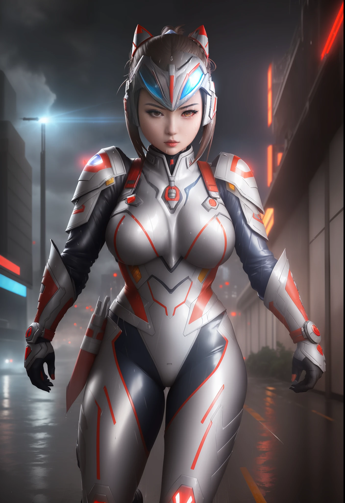 ((1girl/Ultraman Tiga, all wet/helm)), Unreal Engine 5/Mortal Kombat, anime style, full resolution/quality/sharpness/detail viewer, big1breasts, mohawk hair, look/face/exhibitionist/holding futuristic weapon/expression of hate, in a futuristic city raining/thundering.