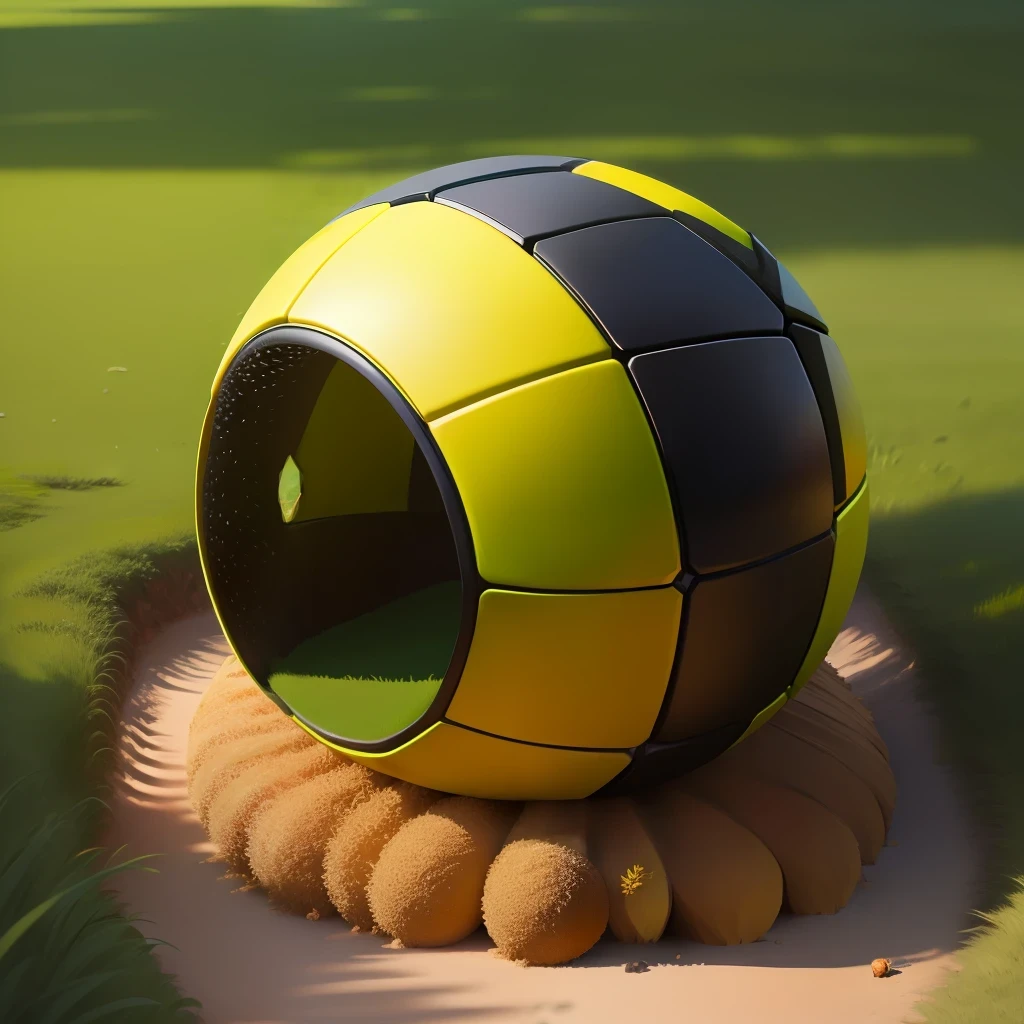 Anthill in the form of a soccer ball on a green lawn