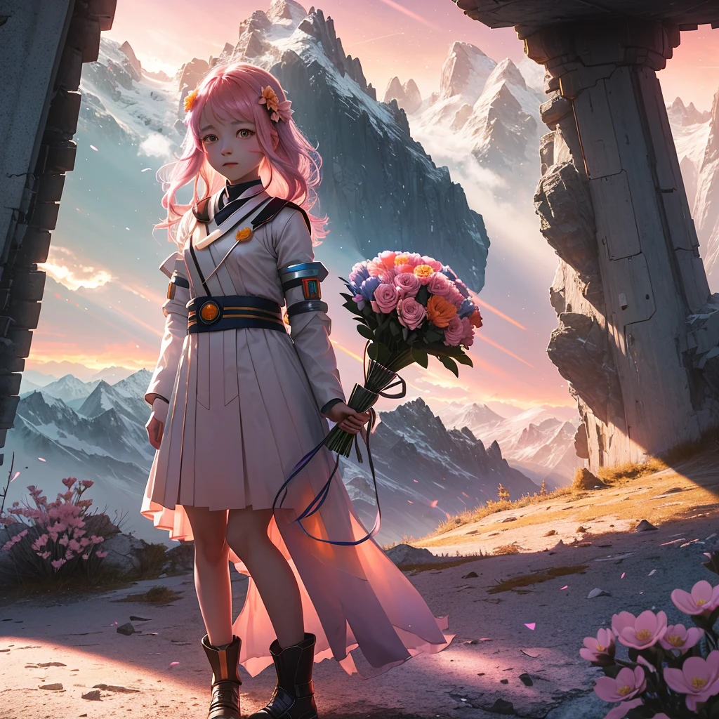 Loli in Alderaan, A young girl with a sweet face, wearing a uniform and holding a bouquet of flowers, standing in the midst of a mountainous landscape with a pink-and-orange sky. The landscape features a futuristic city in the distance. The atmosphere is whimsical and bright, evoking feelings of hope and optimism. The lighting is soft with colorful hues bleeding into the surroundings, casting long shadows across the mountains. The light illuminates the girl's face, making it glow with an ethereal quality. She looks ahead, her expression one of wonder at the world around her #fantasy #uplifting #pastel