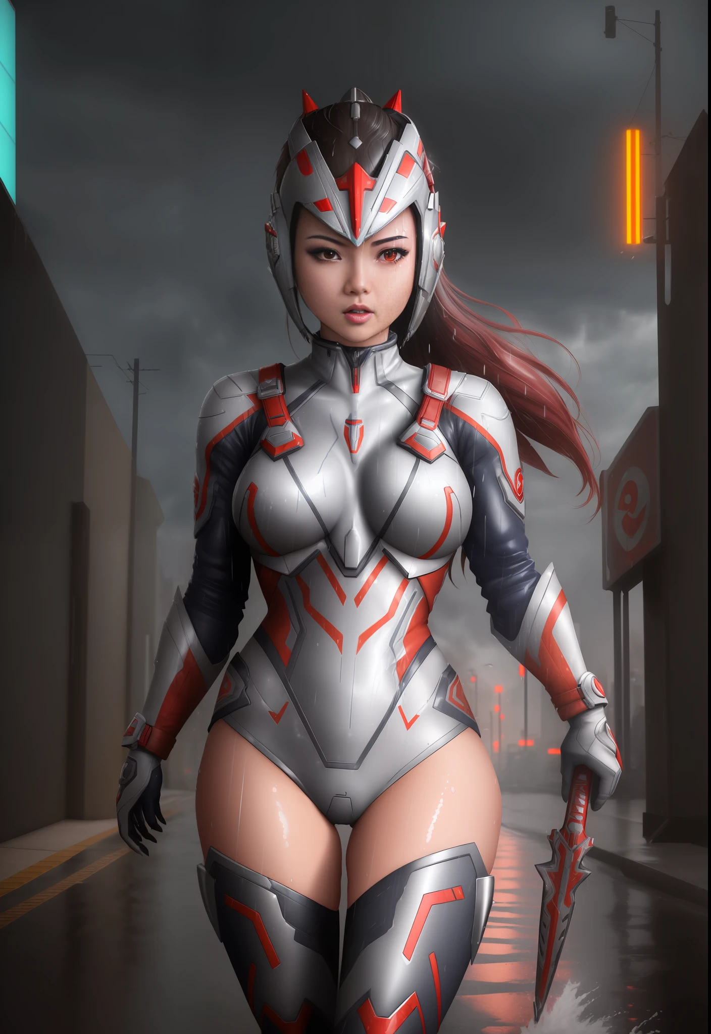 ((1girl/Ultraman Tiga, all wet/helm)), Unreal Engine 5/Mortal Kombat, anime style, full resolution/quality/sharpness/detail viewer, big1breasts, mohawk hair, look/face/exhibitionist/holding futuristic weapon/expression of hate, in a futuristic city raining/thundering.