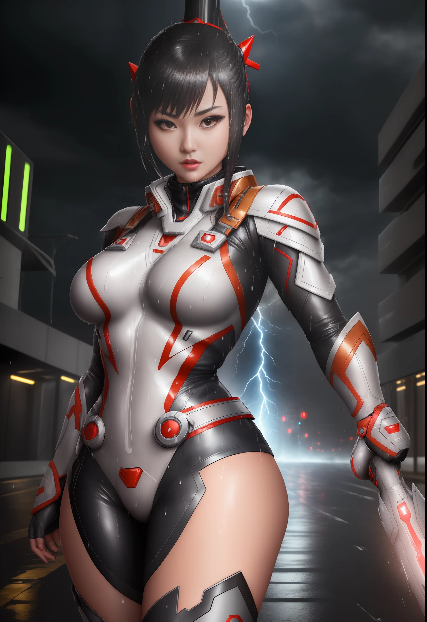 ((1girl/Ultraman Tiga, all wet/helm)), Unreal Engine 5/Mortal Kombat, anime style, full resolution/quality/sharpness/detail viewer, big1breasts, mohawk hair, look/face/exhibitionist/holding futuristic weapon/expression of hate, in a futuristic city raining/thundering.