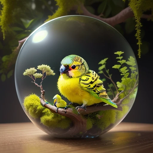 An anthill made of a transparent sphere, inside a yellow-green budgerigar sitting on a branch .. Underneath it is moss and water. In cute style, anime style, children's style. Detail the picture.