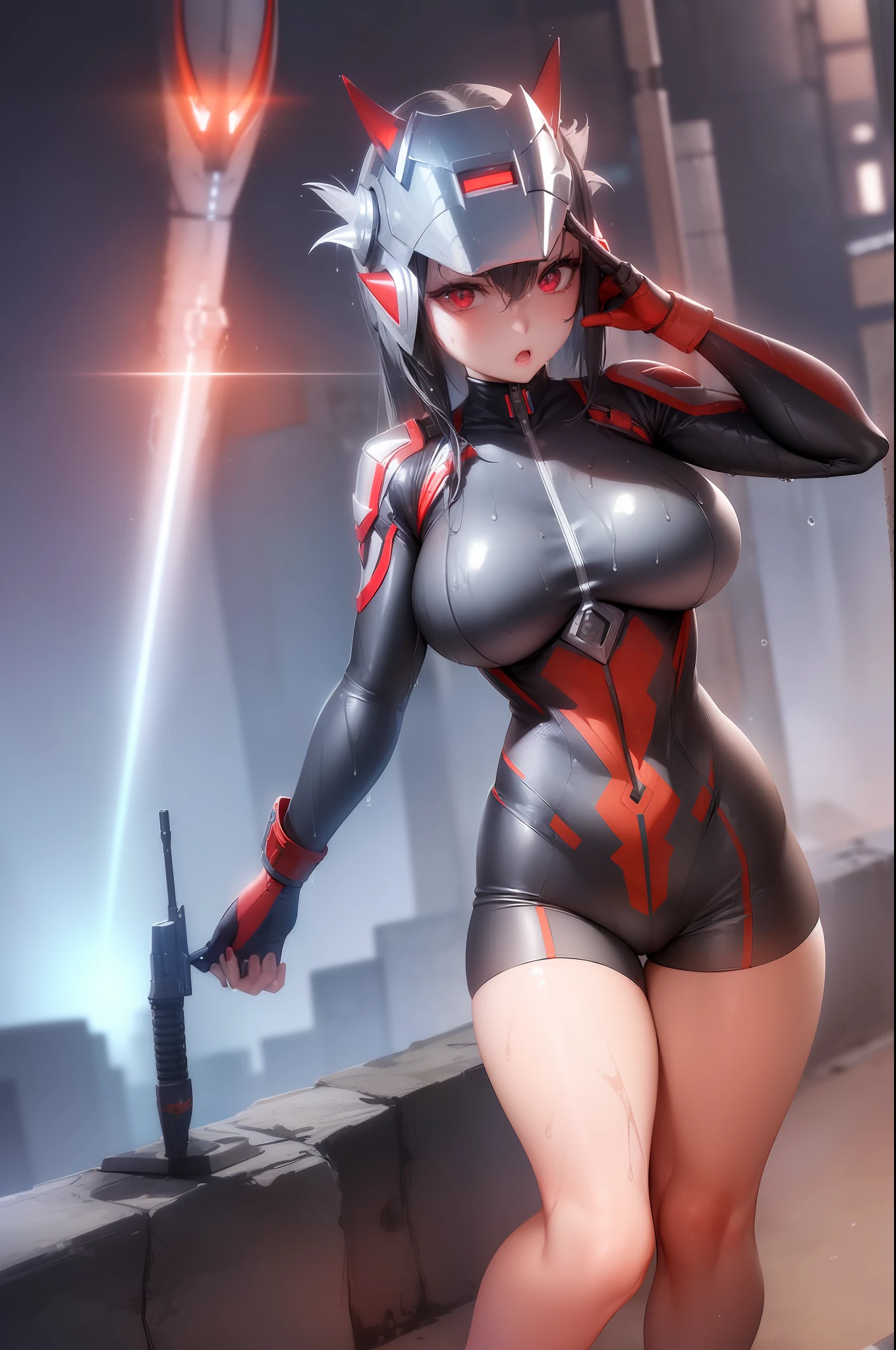 ((1girl/Ultraman,all wet/helm)), Unreal Engine 5/Mortal Kombat, anime style, Max resolution/quality/sharpness/detail spectator,big1breasts,mohawk hair,looking/facing/exhibitionist/holding futuristic gun/expression of hate, in a futuristic city raining/thundering.
