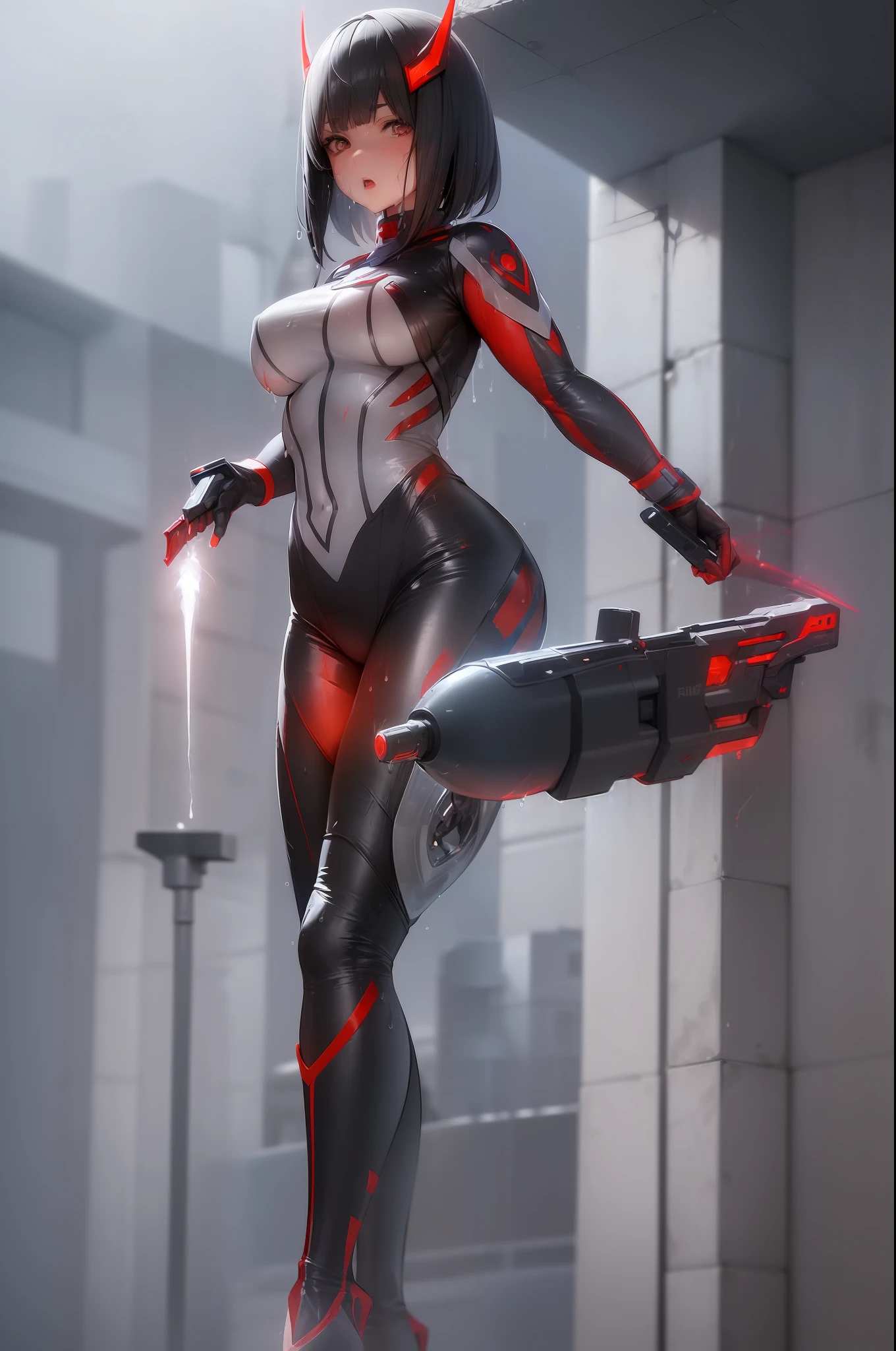 ((1girl/Ultraman,all wet/helm)), Unreal Engine 5/Mortal Kombat, anime style, Max resolution/quality/sharpness/detail spectator,big1breasts,mohawk hair,looking/facing/exhibitionist/holding futuristic gun/expression of hate, in a futuristic city raining/thundering.