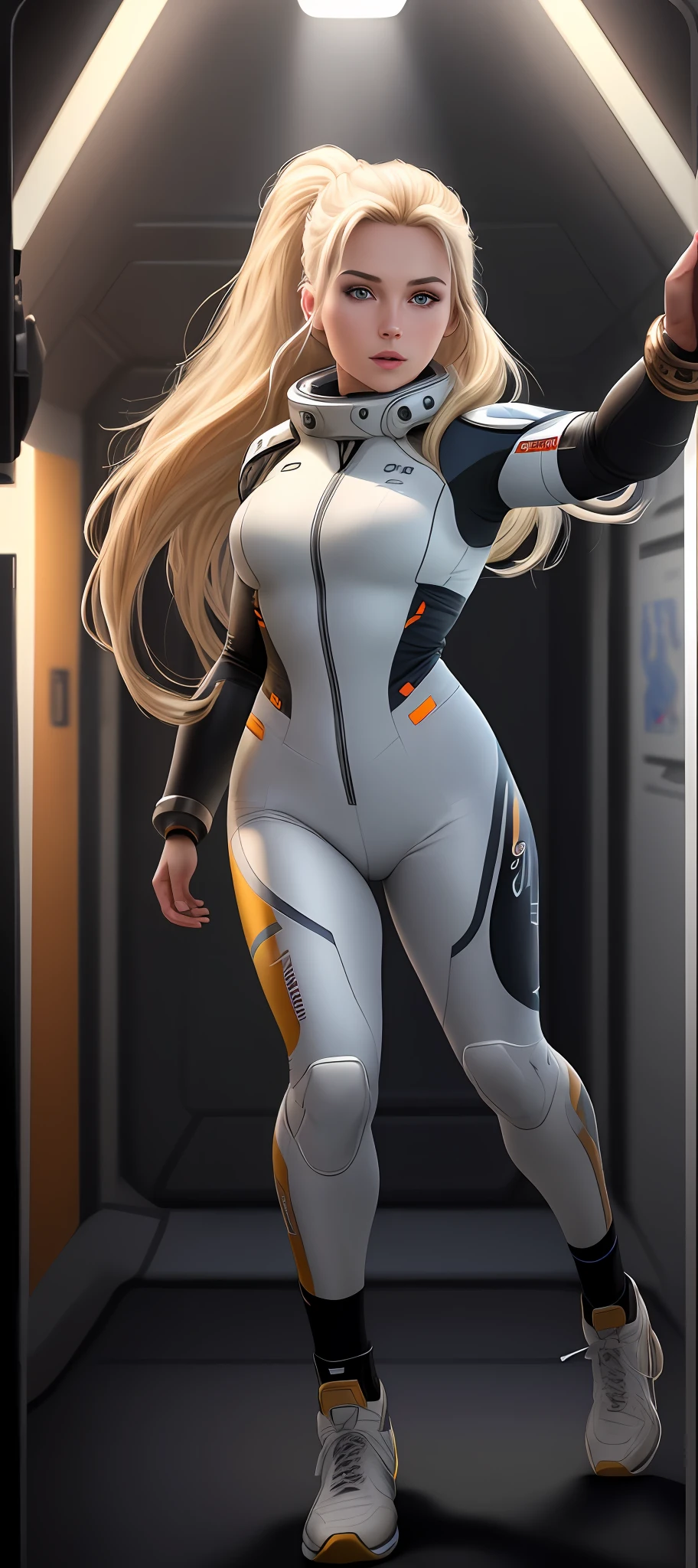 "Complete art masterpiece, high quality, ultra detailed in 4k, 8k, high resolution, hyper-realistic photo, hyper-detailed, realistic skin texture, amazing shadows, extremely detailed texture, perfect lighting, high-level image quality." A female captain of a spaceship, inspired by mass effect (Fair skin, blond hair, outlined eyes, outlined face, bracelet, Full body), Nice sports clothes, on a Future tech running field