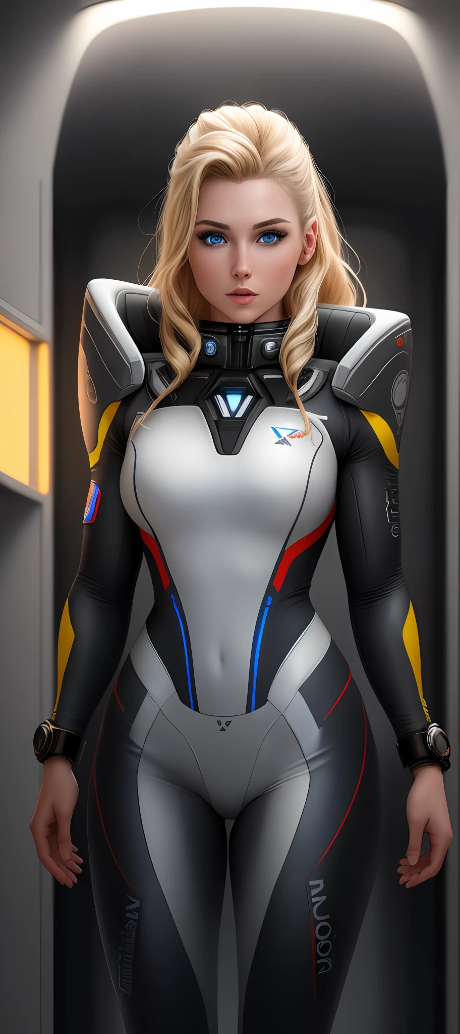 "Complete art masterpiece, high quality, ultra detailed in 4k, 8k, high resolution, hyper-realistic photo, hyper-detailed, realistic skin texture, amazing shadows, extremely detailed texture, perfect lighting, high-level image quality." A female captain of a spaceship, inspired by mass effect (Fair skin, blond hair, outlined eyes, outlined face, bracelet, Full body), Nice sports clothes, on a Future tech running field