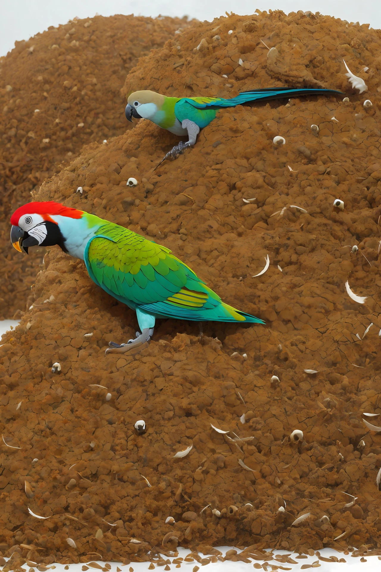 Anthill of the skull and feathers of a parrot