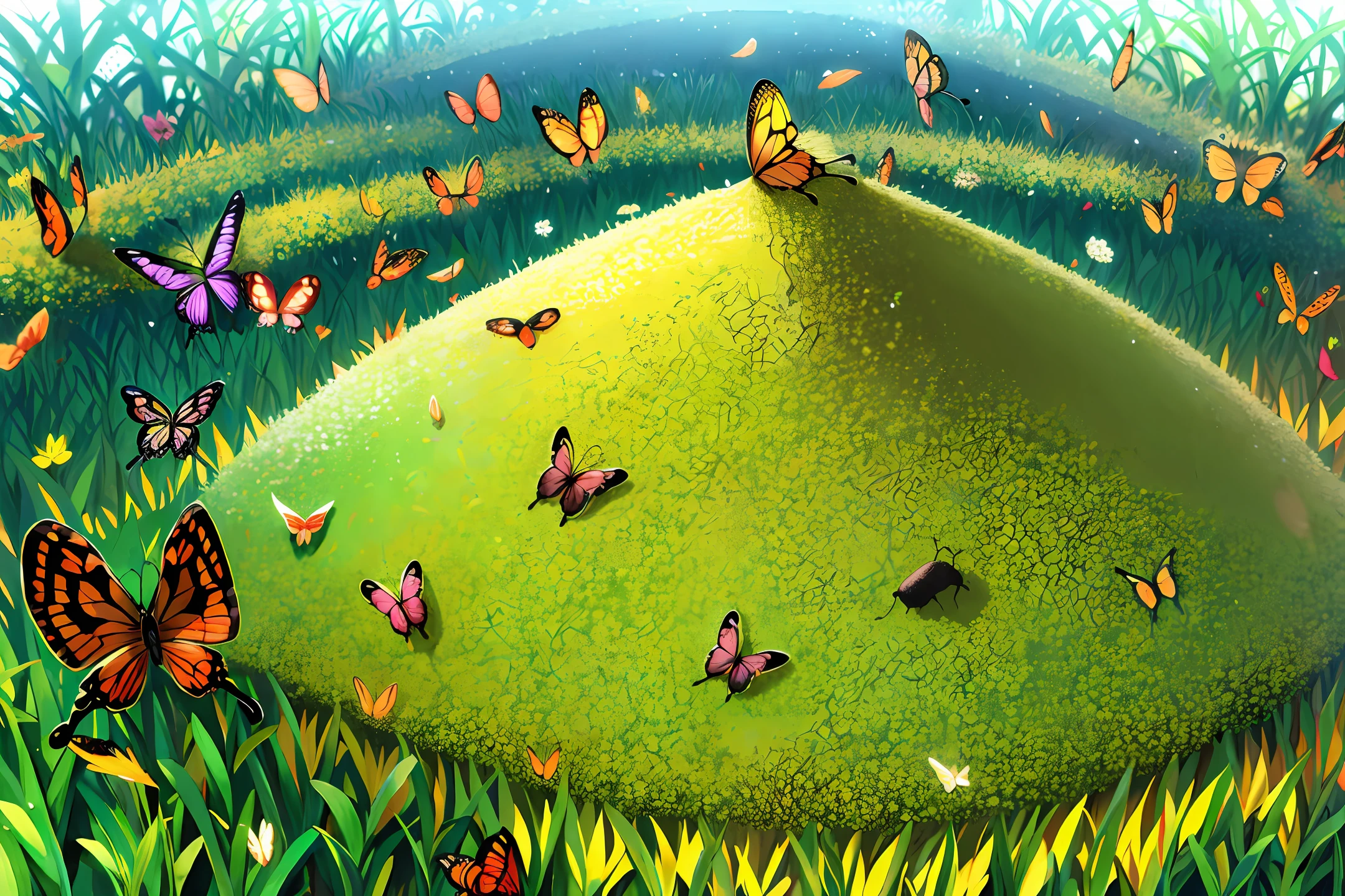 anthill from the head of a beetle, sprouted grass and butterflies around, magic style, anime style