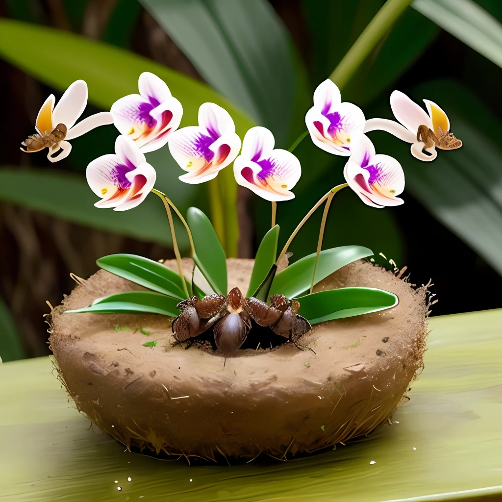 Ant nest shaped like an orchid flower protected by dragonflies, fantasy