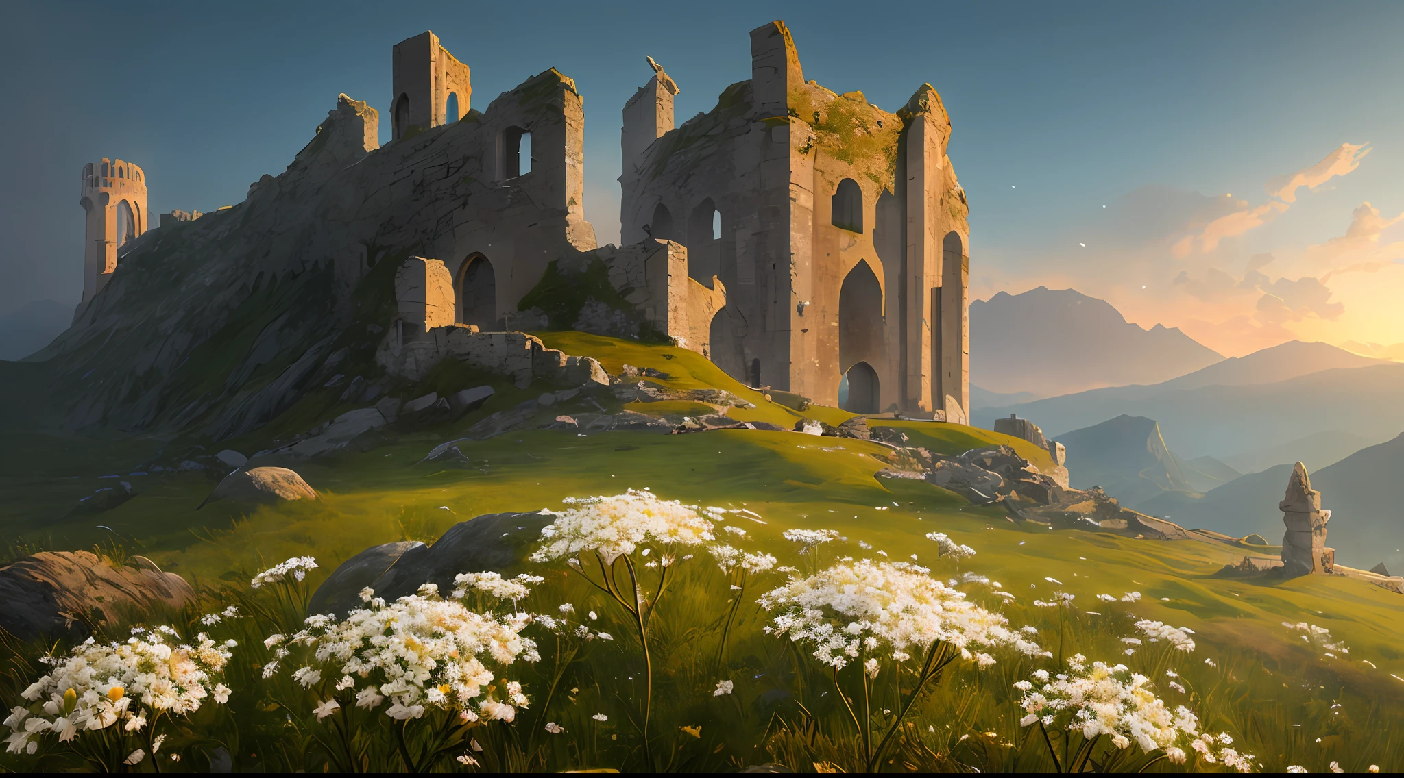 close-up, white edelweiss flower growing on top of a ruined castle, in mountains, dark brown tint, moody cinematic lighting, digital art, octane render, greg rutkowski, wlop, dramatic moody sunset lighting, cinematic atmosphere, artstation, concept art