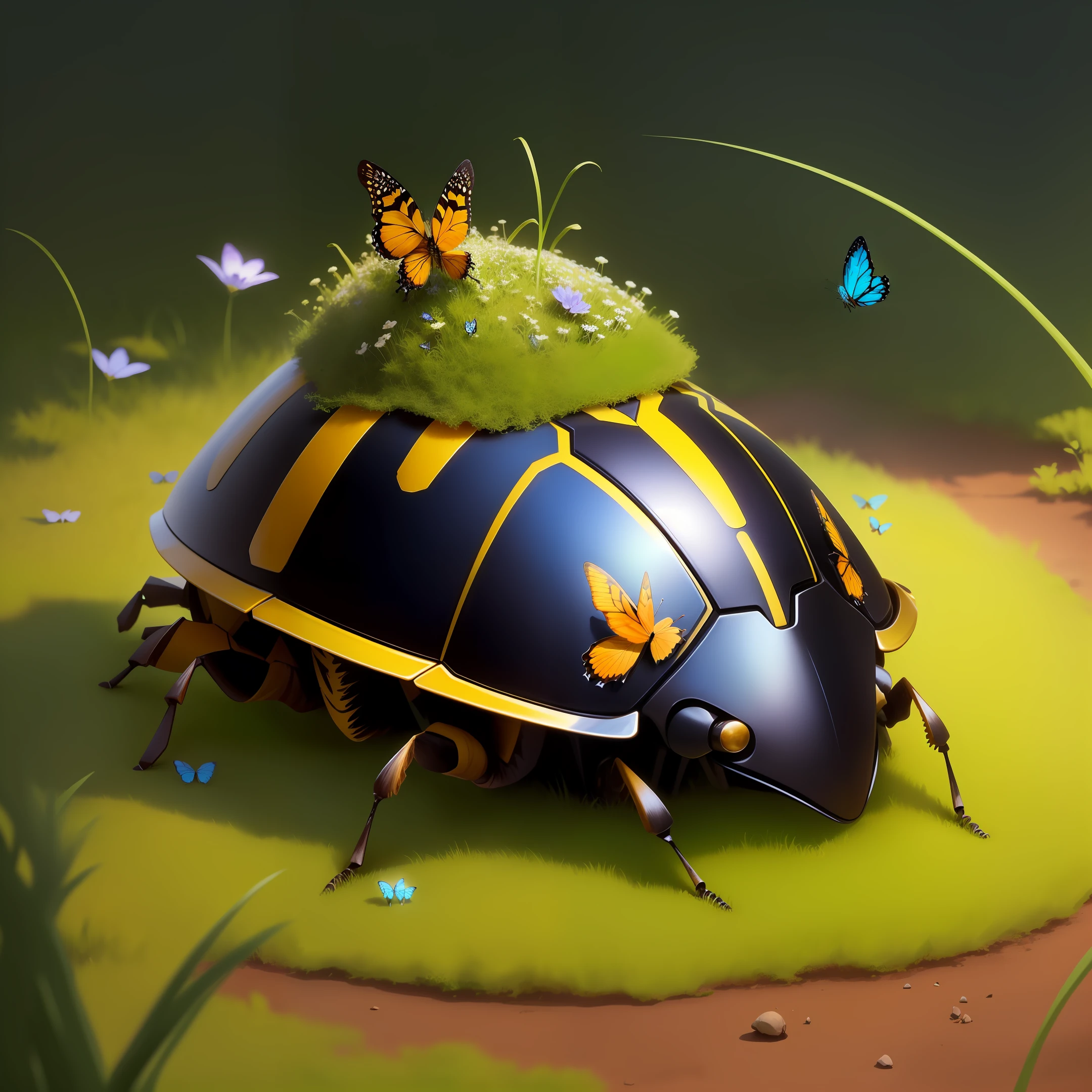 anthill from the head of a beetle, sprouted grass and butterflies around, magic style, anime style