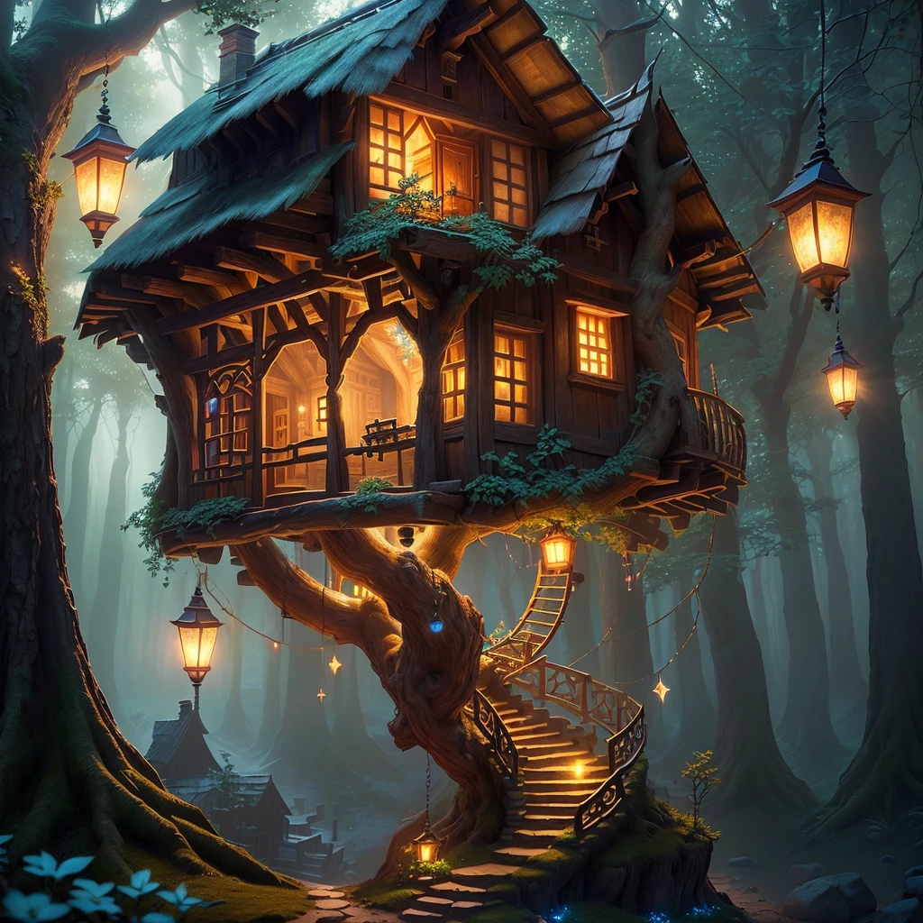 (Sultra detailed fairy tale tree house village, magical light particles, enchanting warm lights from windows, volumetric lights, soft tetrad colors, soft warm lights, high definition, 32k resolution,