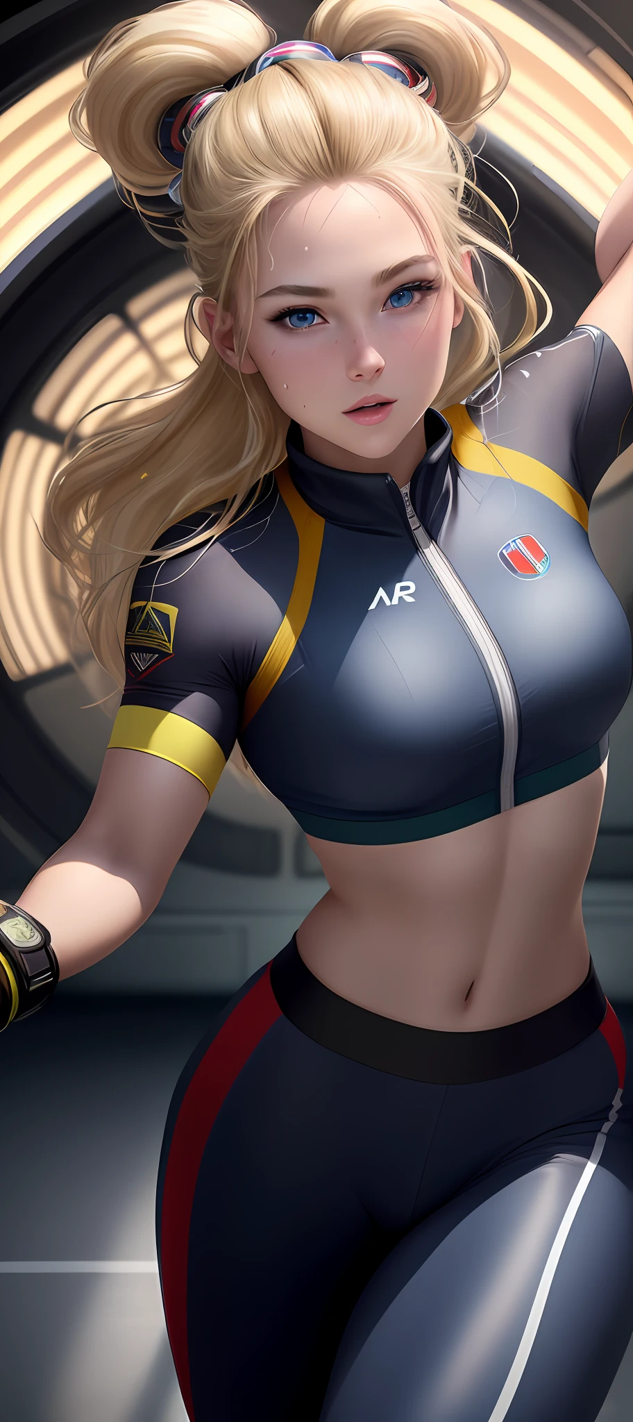 "Complete art masterpiece, high quality, ultra detailed in 4k, 8k, high resolution, hyper-realistic photo, hyper-detailed, realistic skin texture, amazing shadows, extremely detailed texture, perfect lighting, high-level image quality." A female captain of a spaceship, (Fair skin, blond hair, outlined eyes, outlined face, bracelet, Full body), Nice sports clothes, on a Future tech running field, running, sweaty