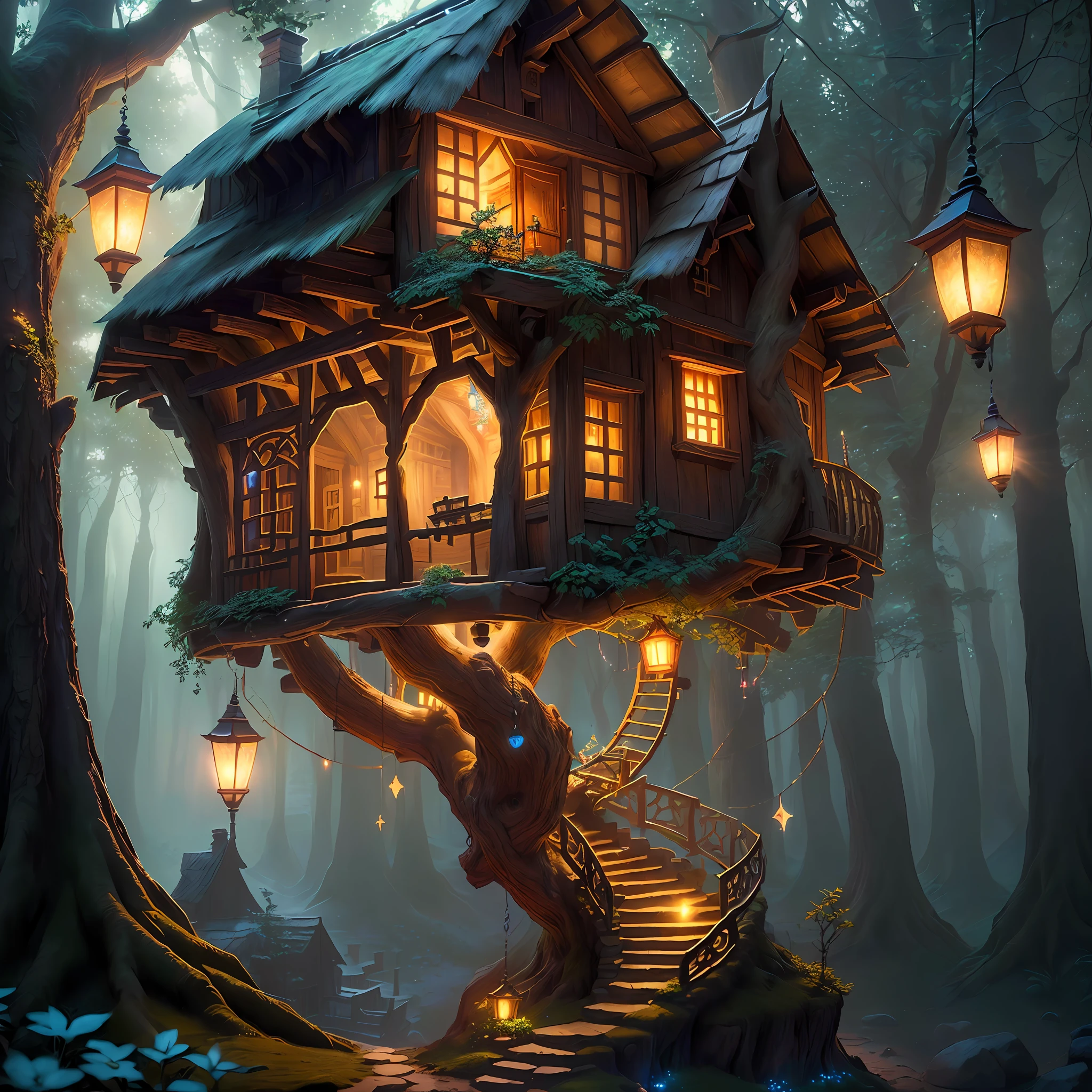 (Sultra detailed fairy tale tree house village, magical light particles, enchanting warm lights from windows, volumetric lights, soft tetrad colors, soft warm lights, high definition, 32k resolution,