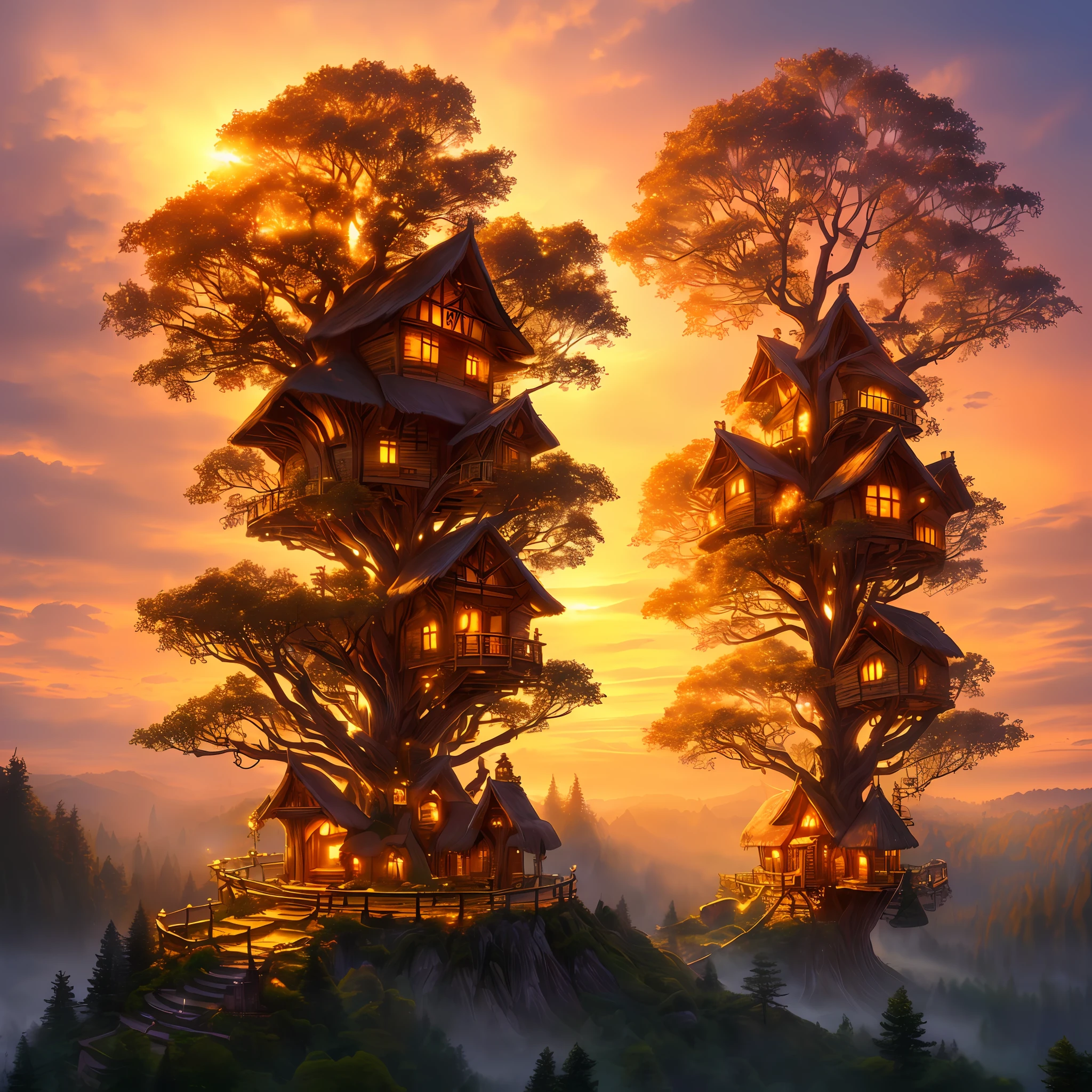 ultra detailed fairy tale tree house village at sunrise, magical light particles, enchanting warm lights from windows, volumetric lights, soft tetrad colors, soft warm lights, high definition, 32k resolution,