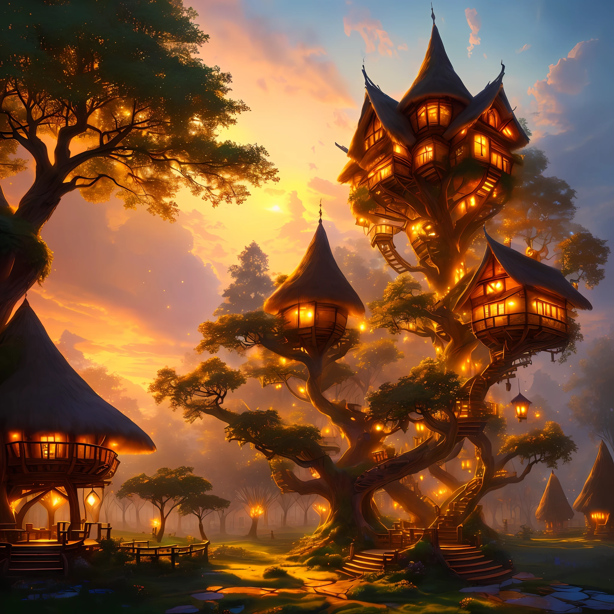 ultra detailed fairy tale tree house village at sunrise, magical light particles, enchanting warm lights from windows, volumetric lights, soft tetrad colors, soft warm lights, high definition, 32k resolution,