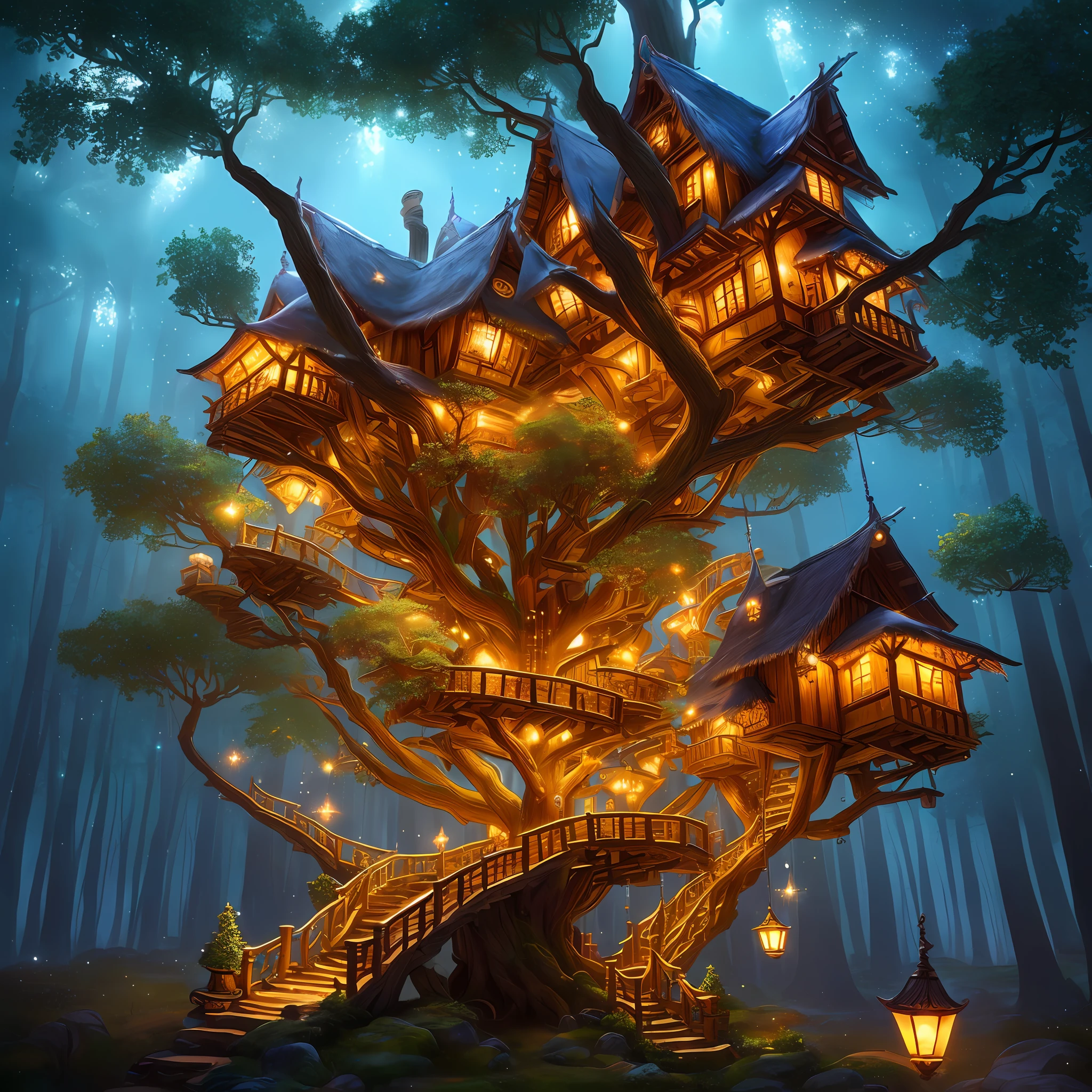 ultra detailed fairy tale tree house village, magical light particles, enchanting warm lights from windows, volumetric lights, soft tetrad colors, soft warm lights, high definition, 32k resolution,