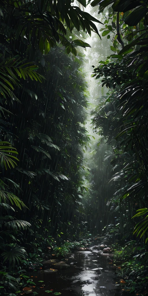 Jungle, heavy rainfall, monochrome, vines everywhere, huge and humid trees, masterpiece, best quality, high quality, very detailed CG unified 8k wallpaper, oil painting, award-winning photography, bokeh, depth of field, HDR, bloom, color difference, realism, very detailed, trends on artstation, trends on CGSociety, intricate, high detail, drama, midjourney art, volumetric lighting