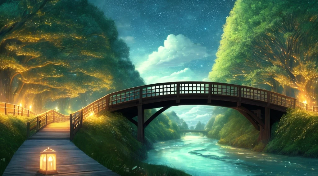 Stars in clouds, There is no one on the long path, there is a wooden bridge next to it, the river flows under the bridge , green trees, trees with shadows, beautiful anime scenes, beautiful anime scenery, sky at night, anime art