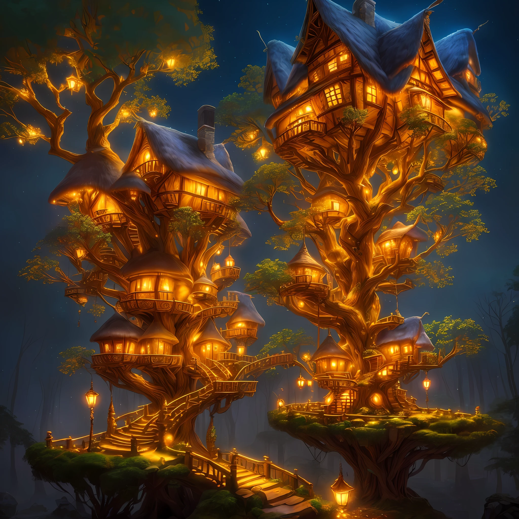 ultra detailed fairy tale tree house village, magical light particles, enchanting warm lights from windows, volumetric lights, soft tetrad colors, soft warm lights, high definition, 32k resolution,