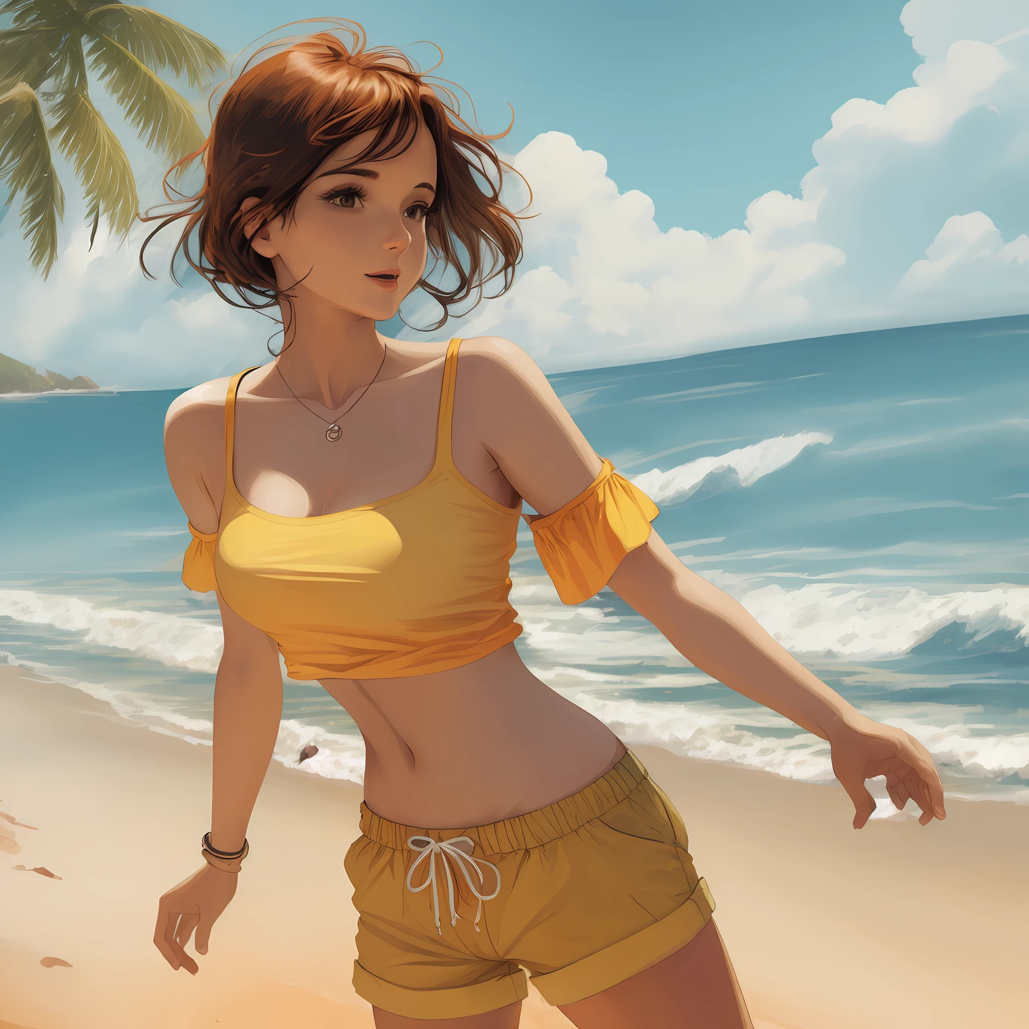 Woman in a yellow top and shorts on a beach